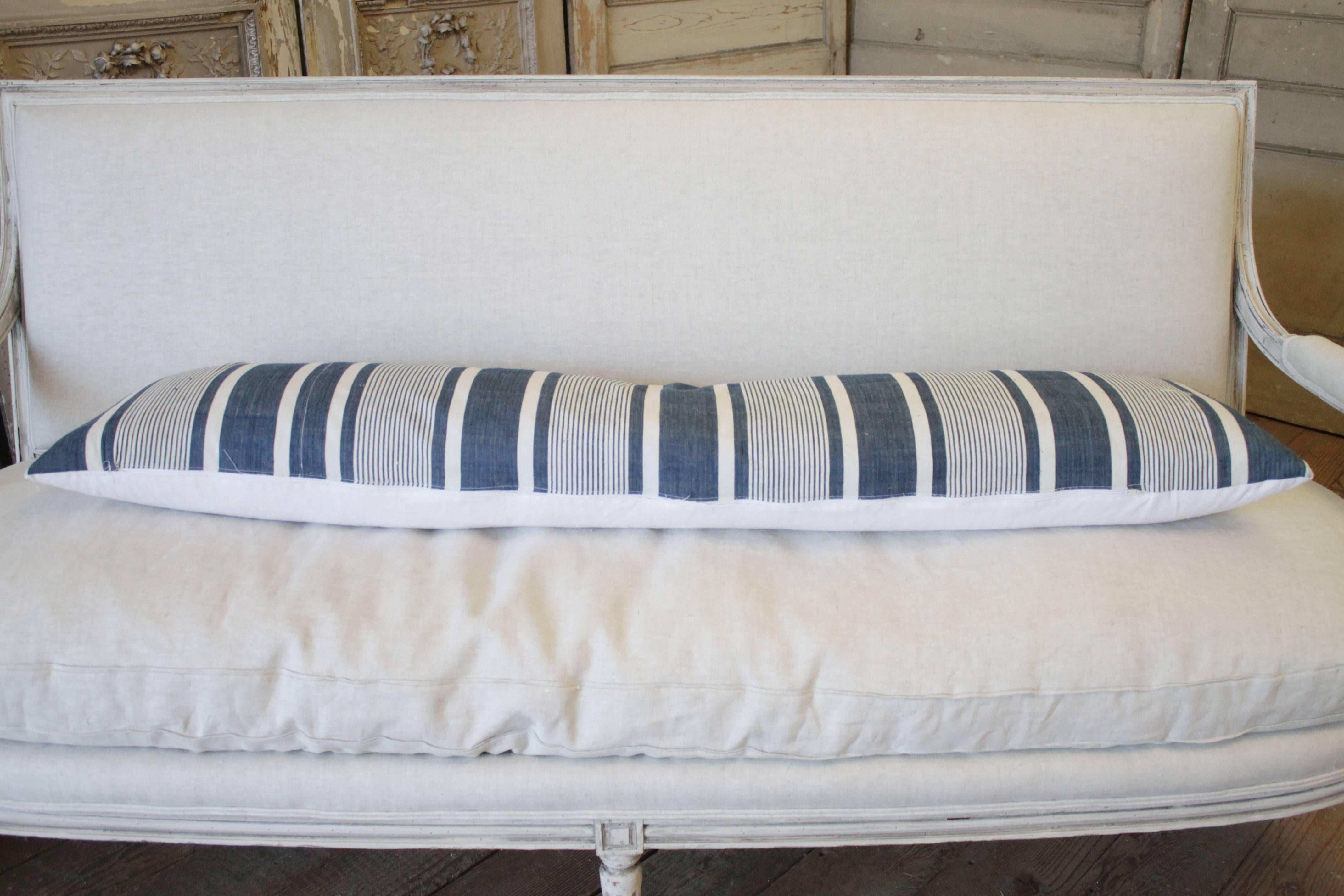 Antique French Indigo Ticking Stripe Long Lumbar Pillow In Good Condition In Old Town Orange, CA