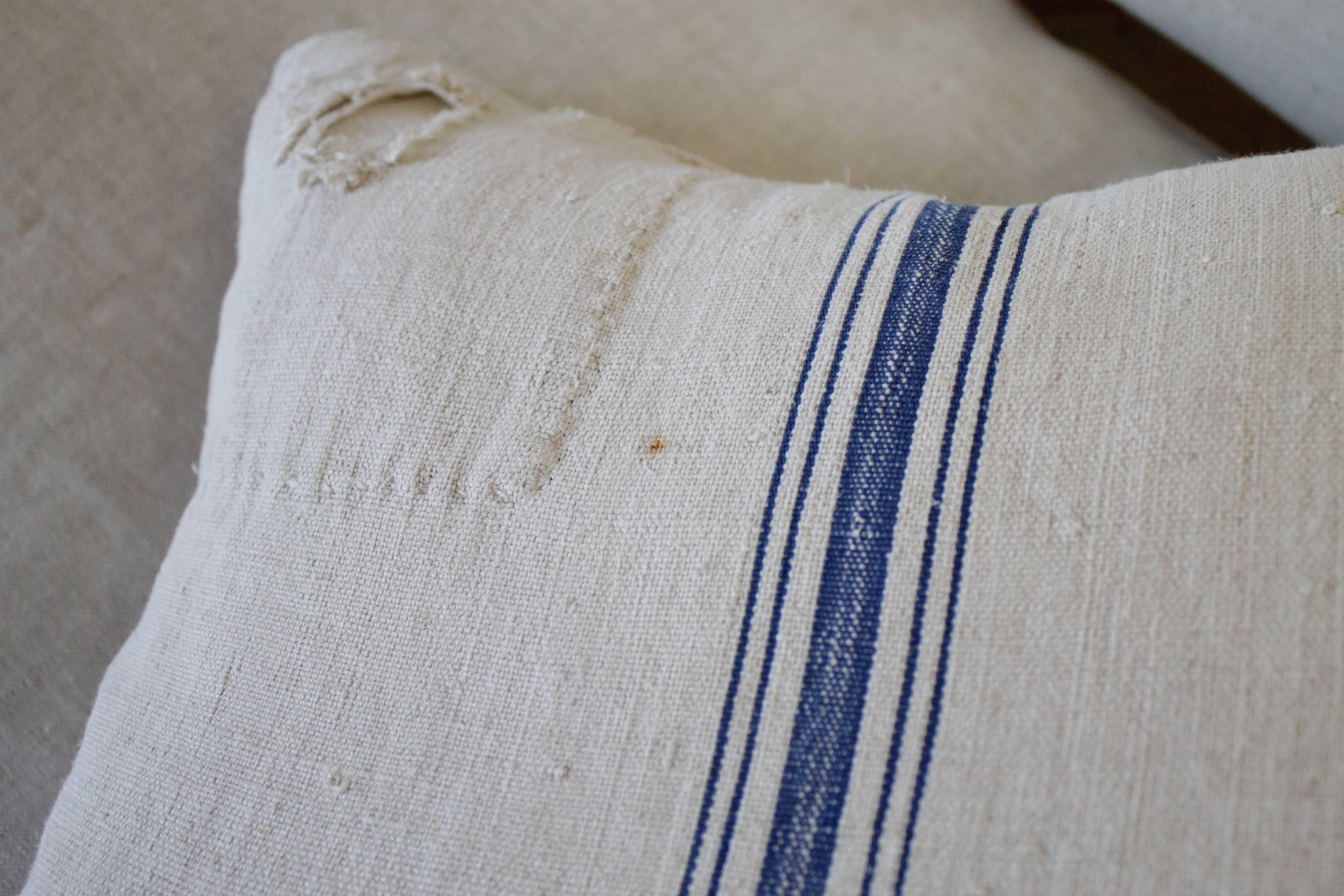 Rustic Vintage Blue Stripe European Grain Sack Pillows