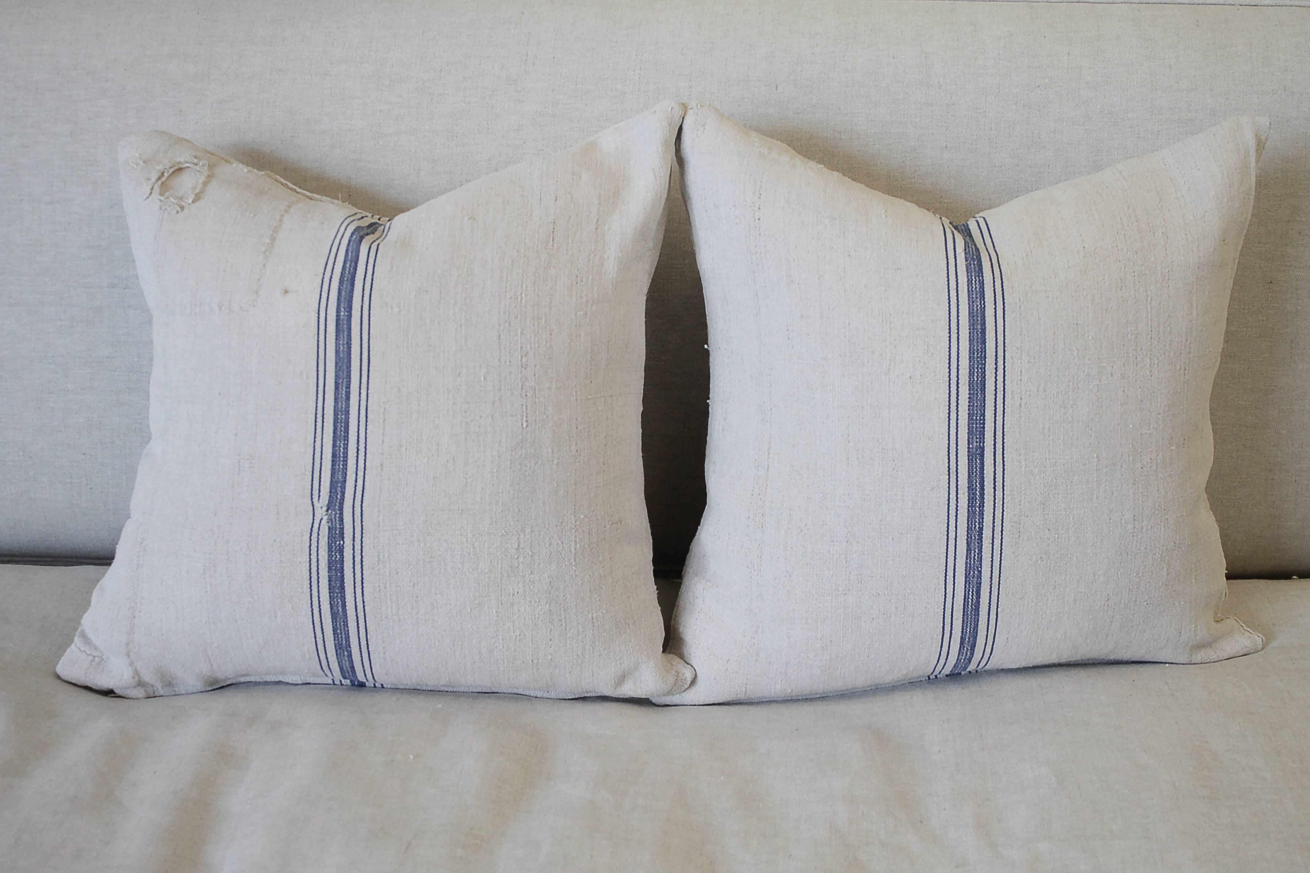 Vintage Blue Stripe European Grain Sack Pillows In Good Condition In Brea, CA
