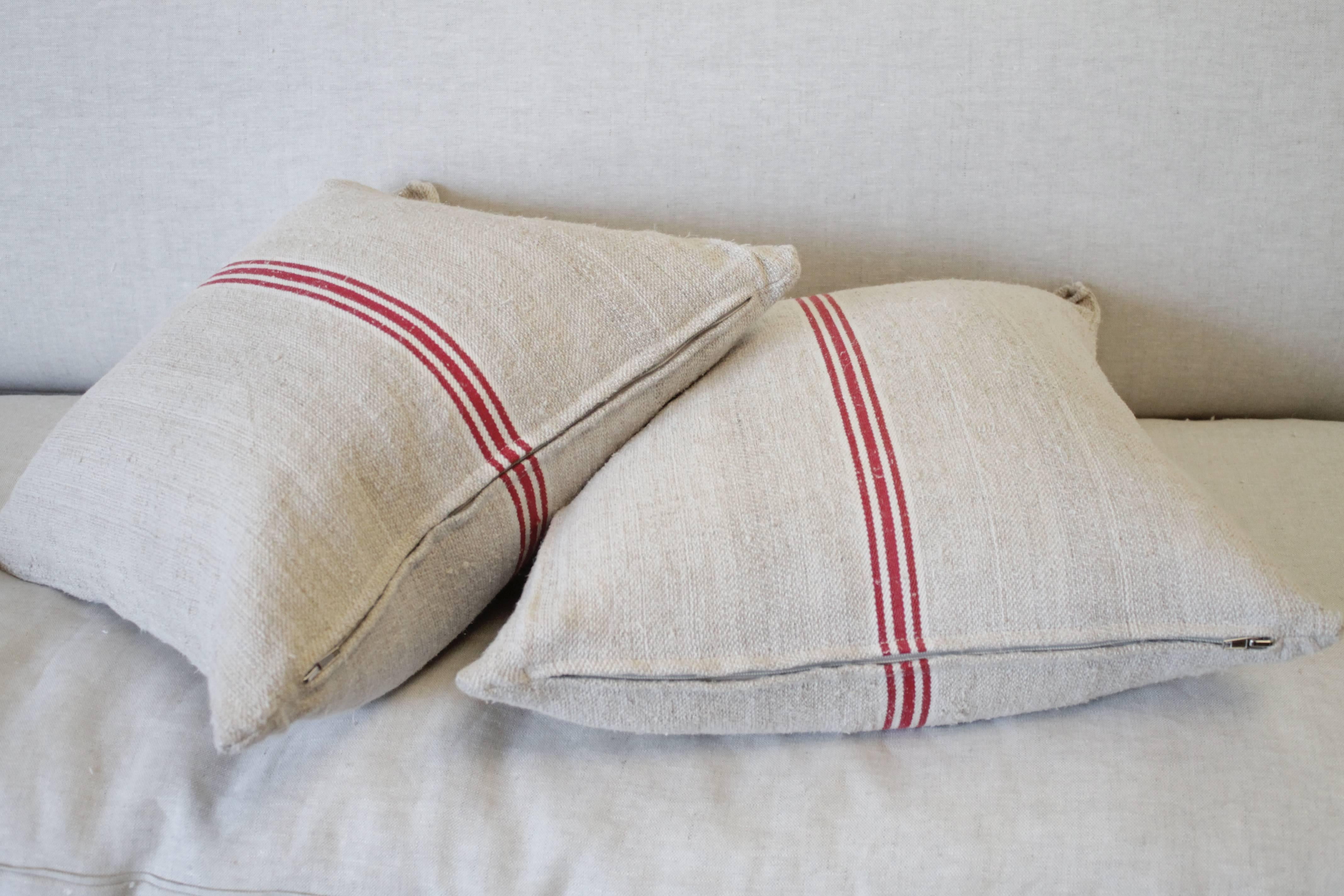 Rustic Vintage Red Stripe European Grainsack Pillows Pair