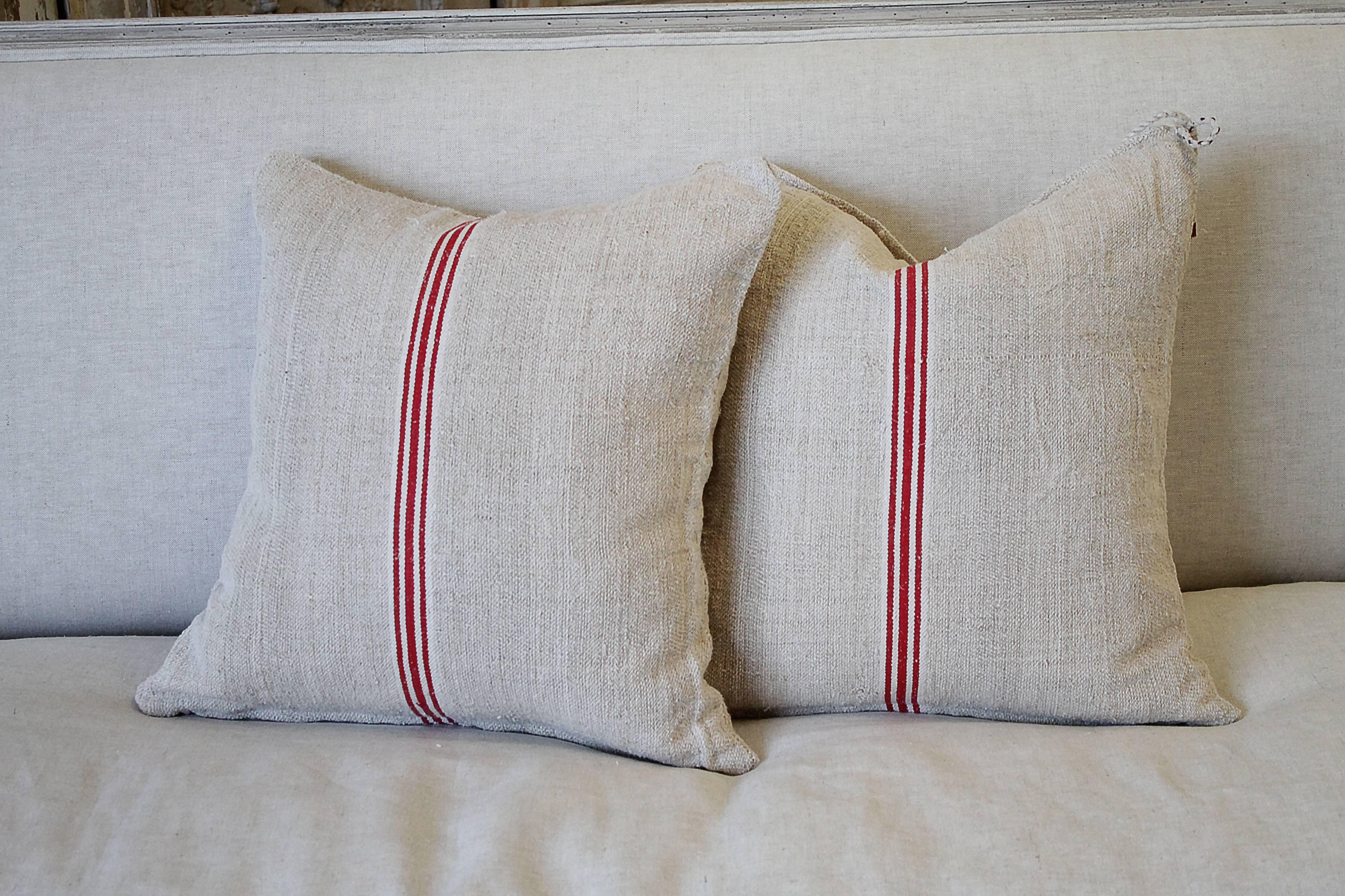 Vintage Red Stripe European Grainsack Pillows Pair In Good Condition In Brea, CA