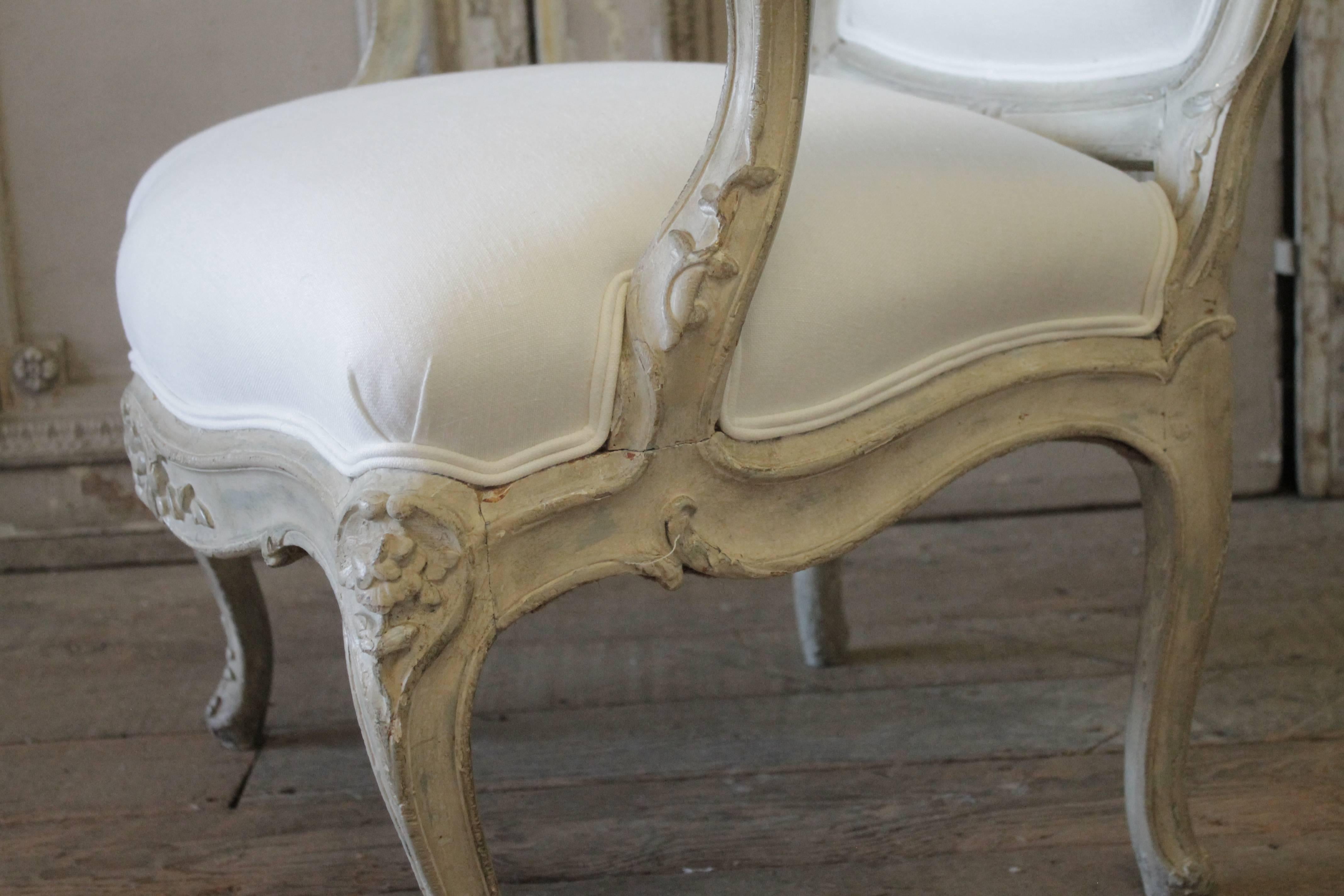 French Antique Louis XV Style Fauteuil Painted and Upholstered in Belgian Linen