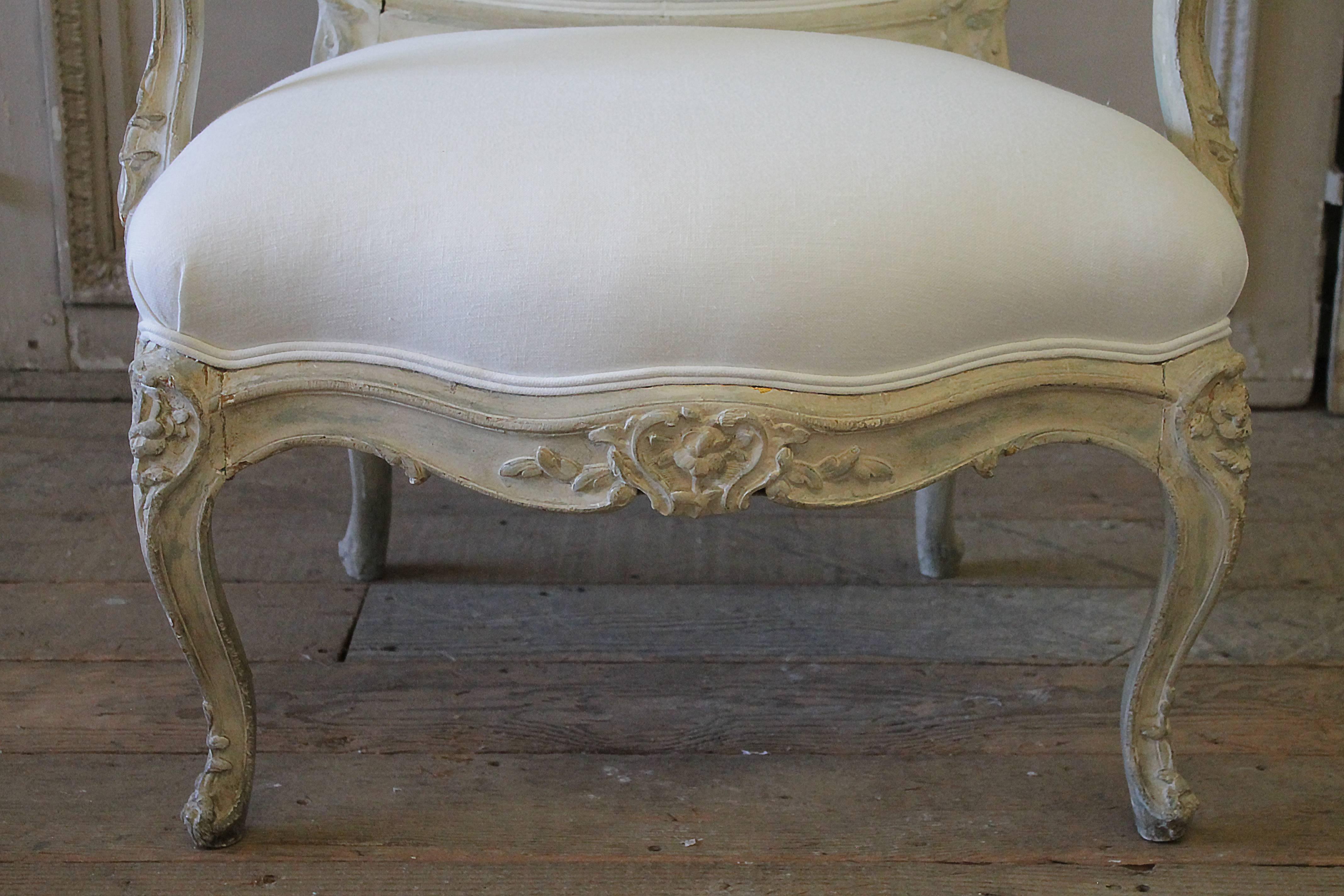 Antique Louis XV Style Fauteuil Painted and Upholstered in Belgian Linen 1