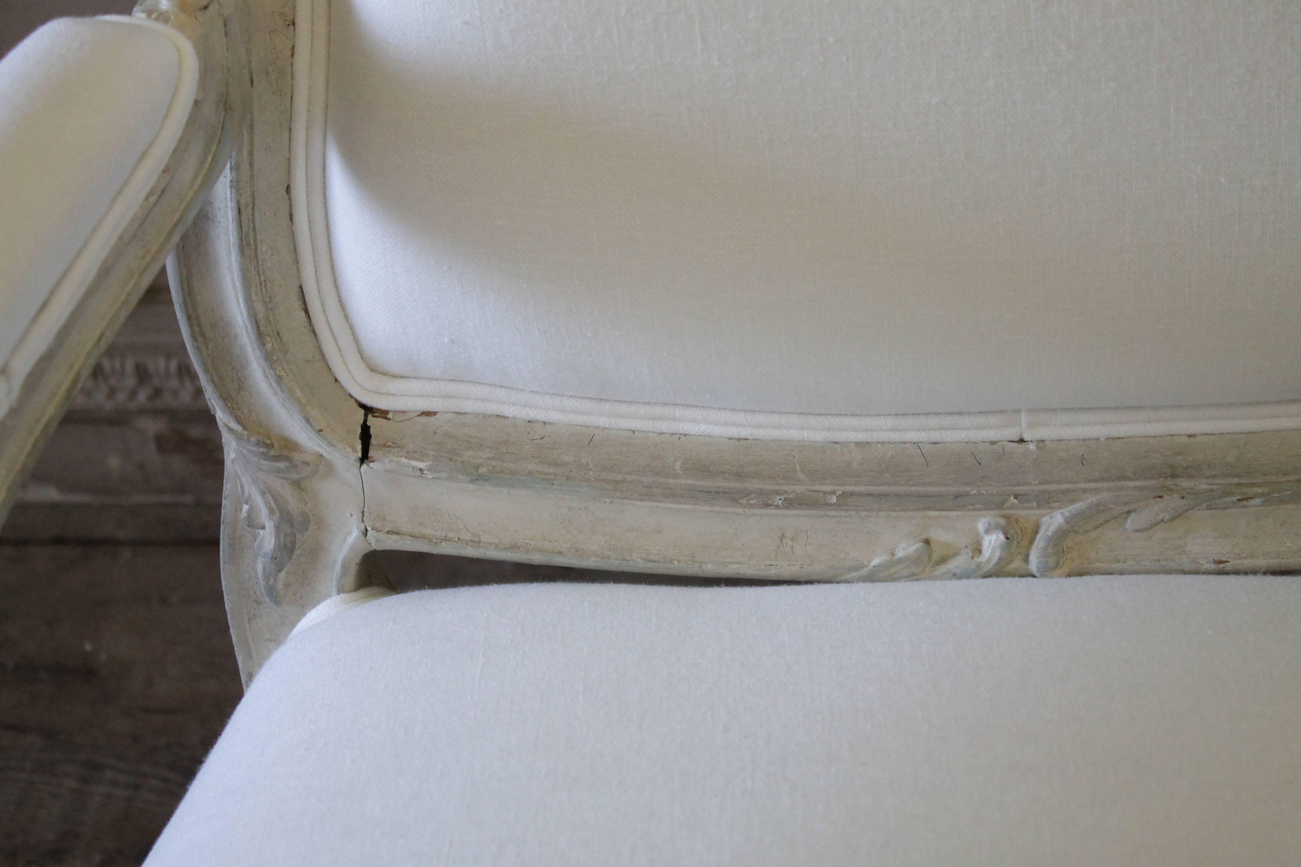 Antique Louis XV Style Fauteuil Painted and Upholstered in Belgian Linen 4