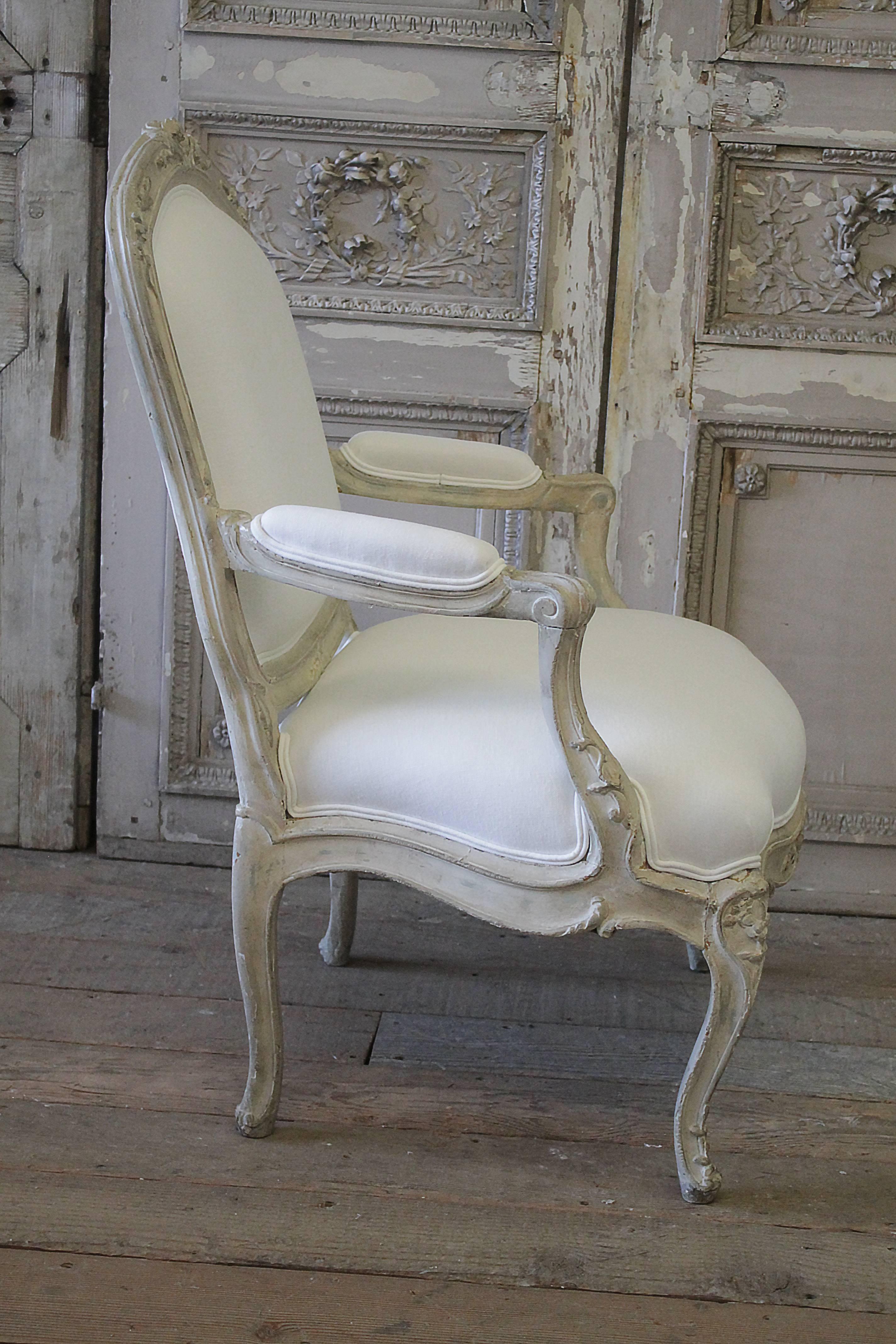 Antique Louis XV Style Fauteuil Painted and Upholstered in Belgian Linen 3