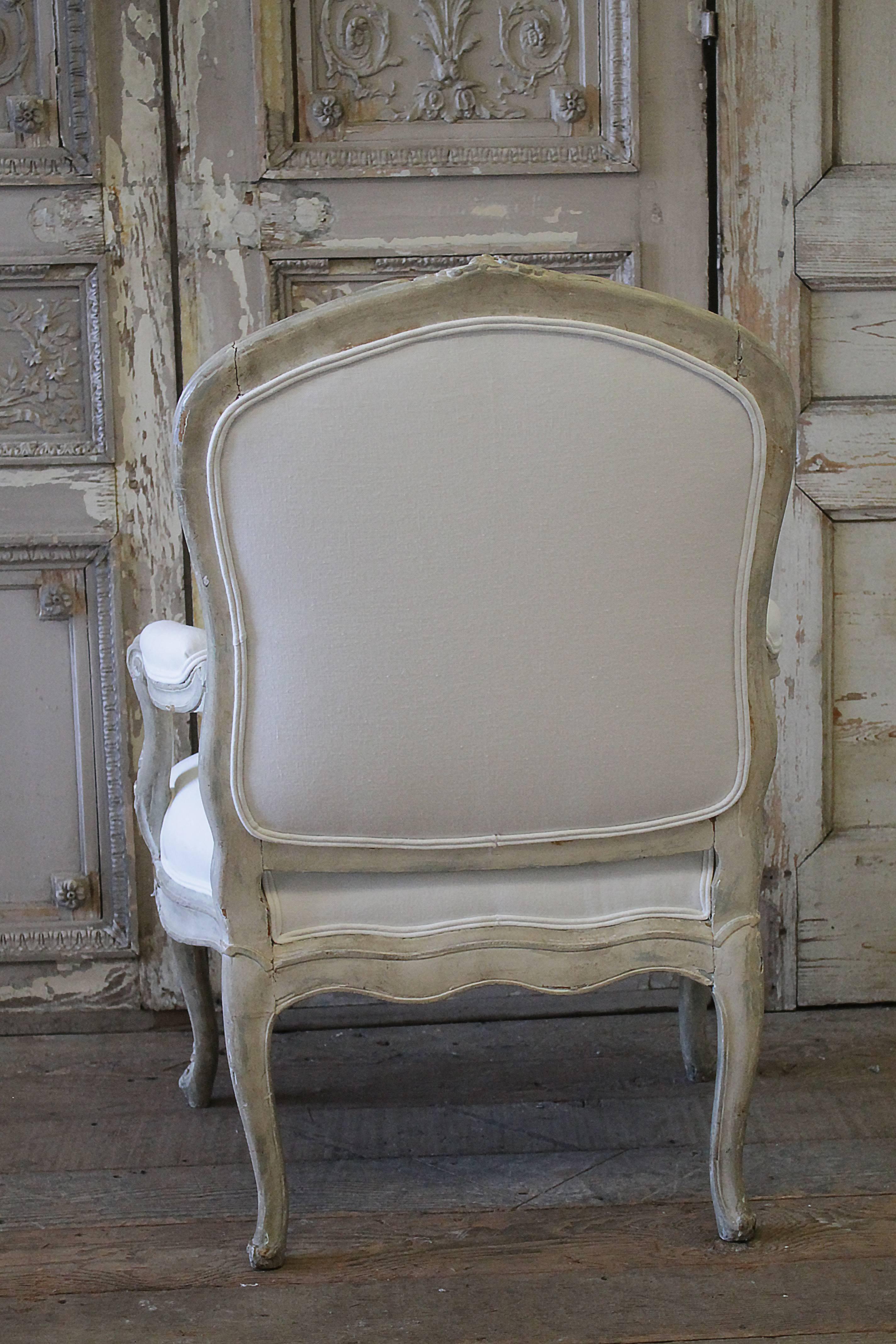 Antique Louis XV Style Fauteuil Painted and Upholstered in Belgian Linen 2