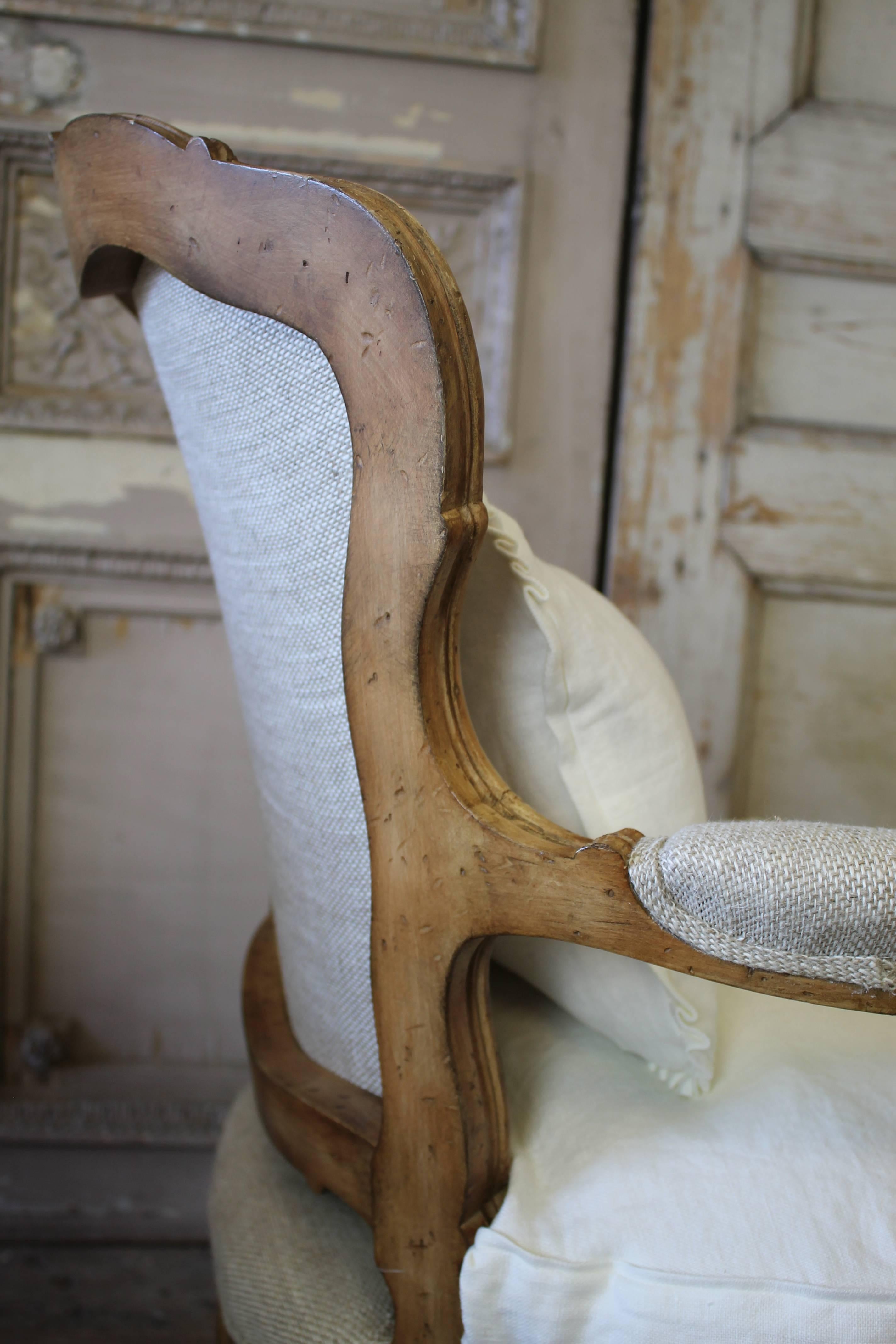 Carved Pair of Louis XV Style Open Armchairs in Upholstered in Irish Linens