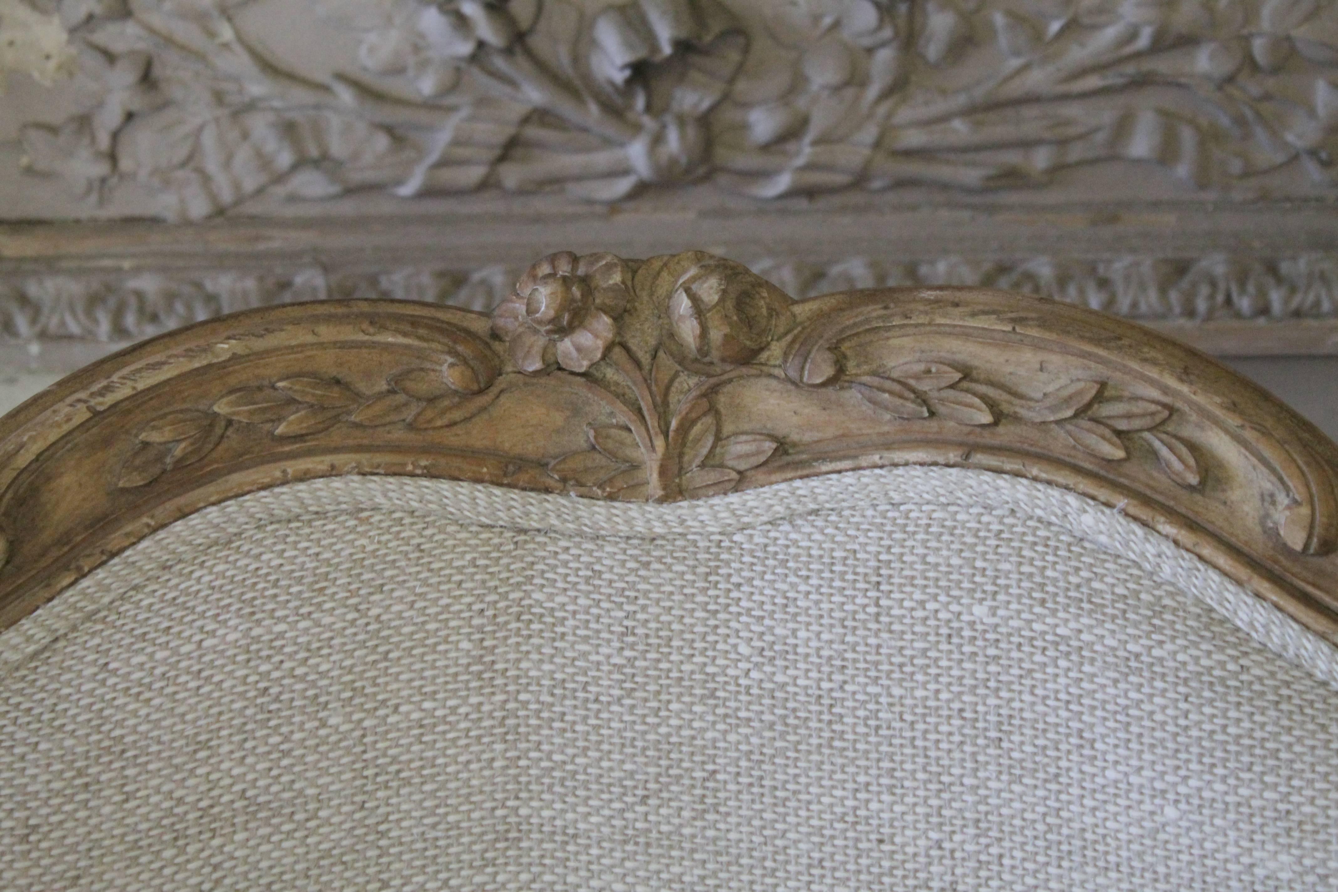 European Pair of Louis XV Style Open Armchairs in Upholstered in Irish Linens
