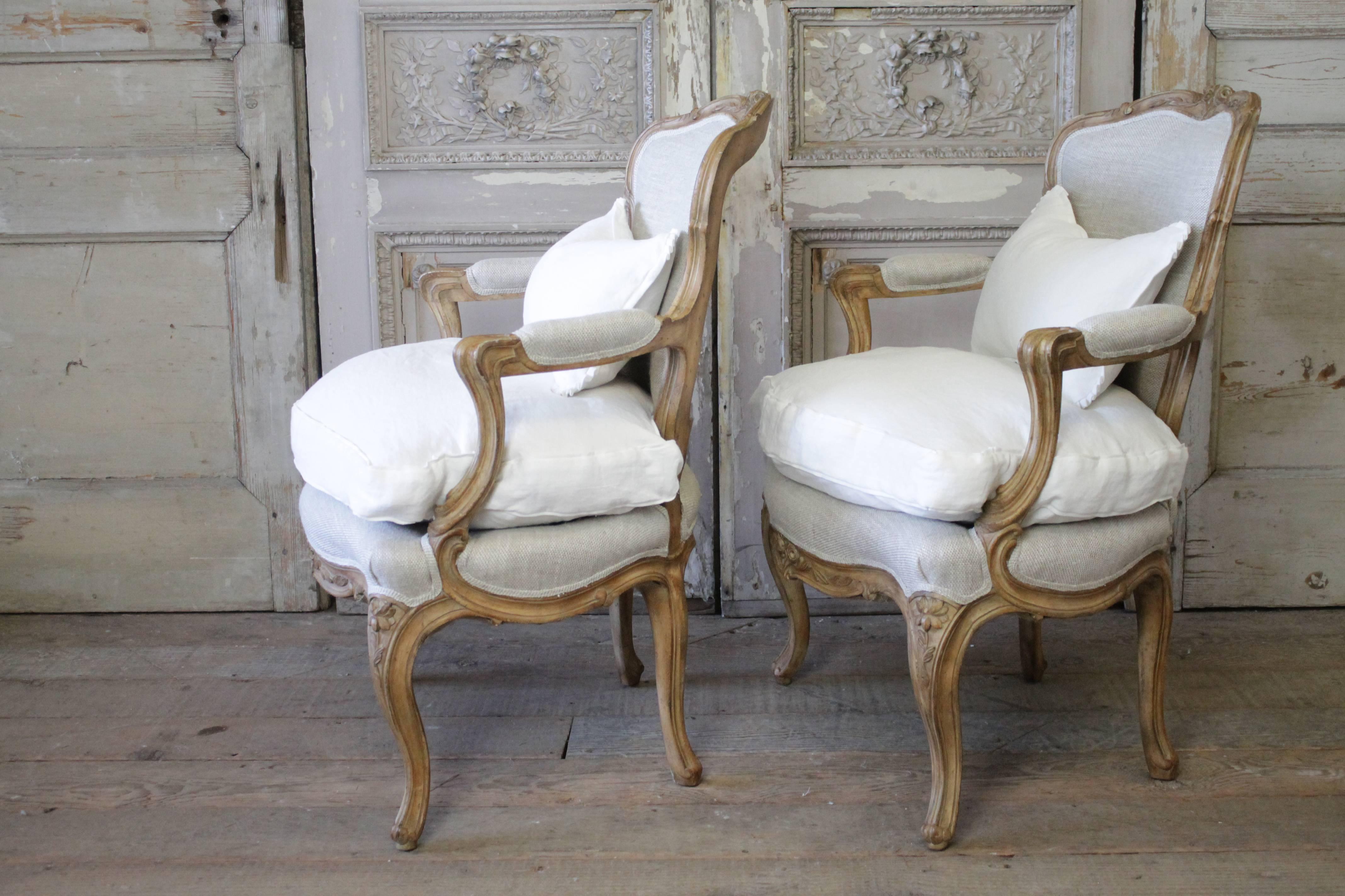 Pair of Louis XV Style Open Armchairs in Upholstered in Irish Linens 1