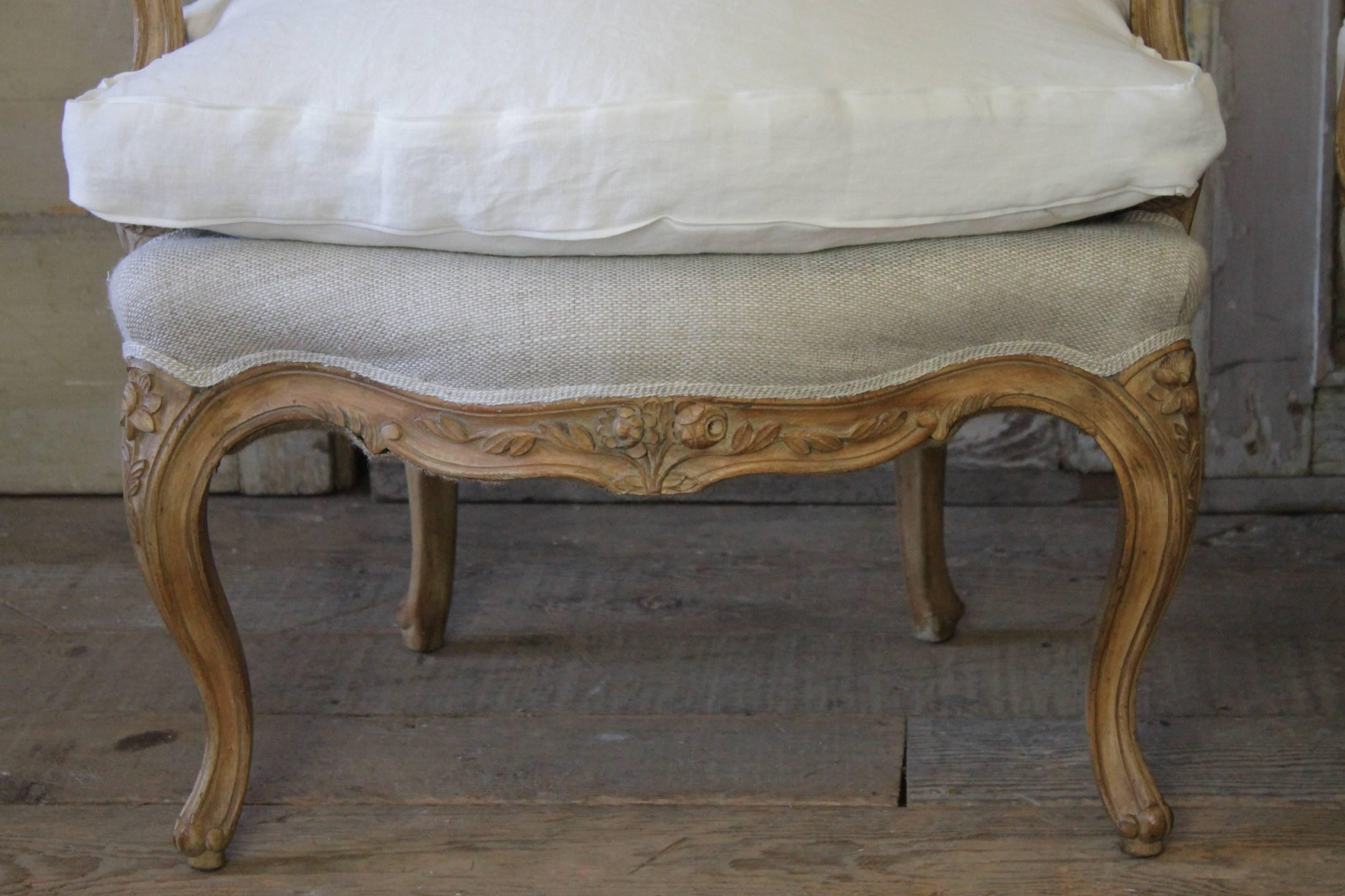 Pair of Louis XV Style Open Armchairs in Upholstered in Irish Linens 4