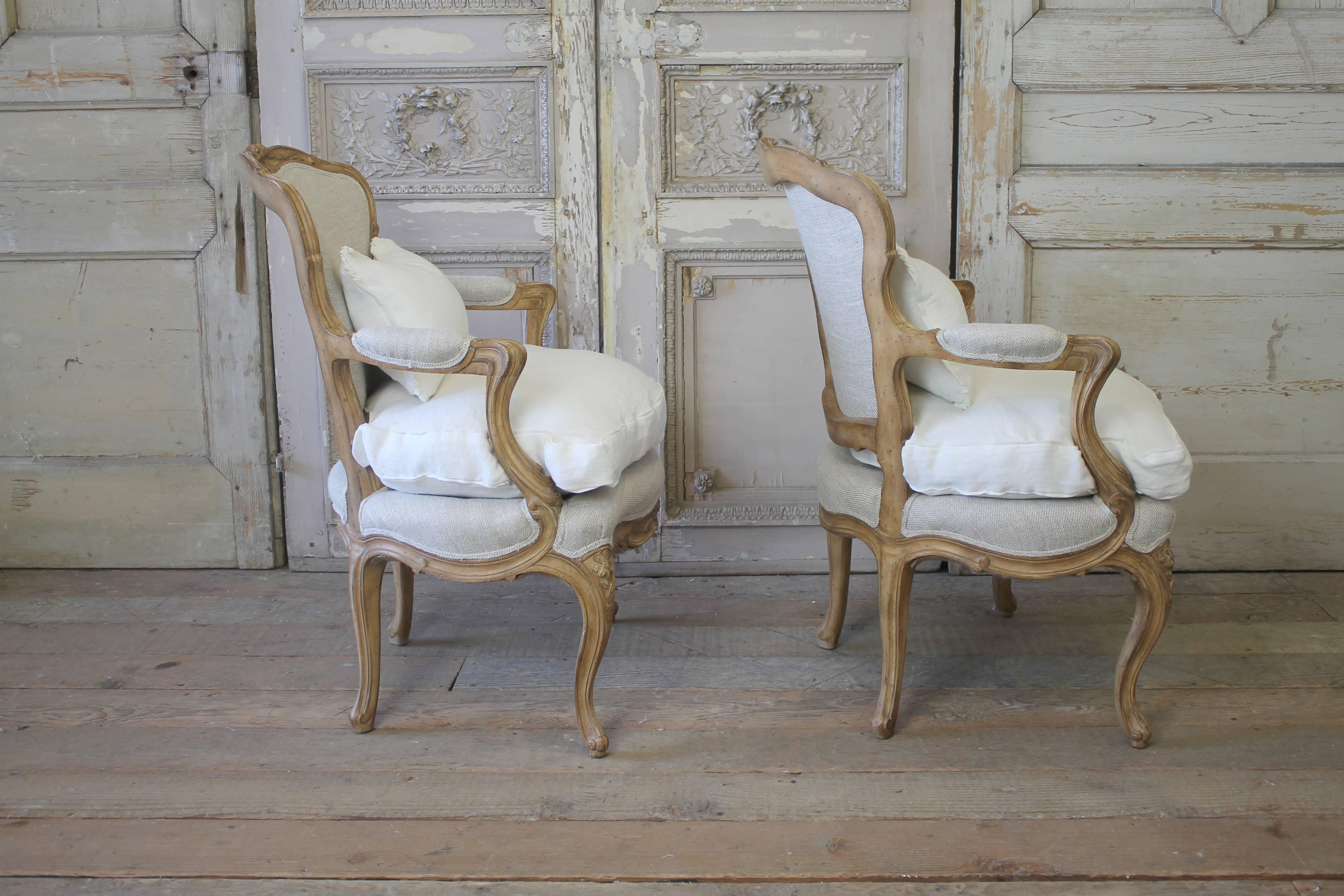 Pair of Louis XV Style Open Armchairs in Upholstered in Irish Linens In Good Condition In Brea, CA