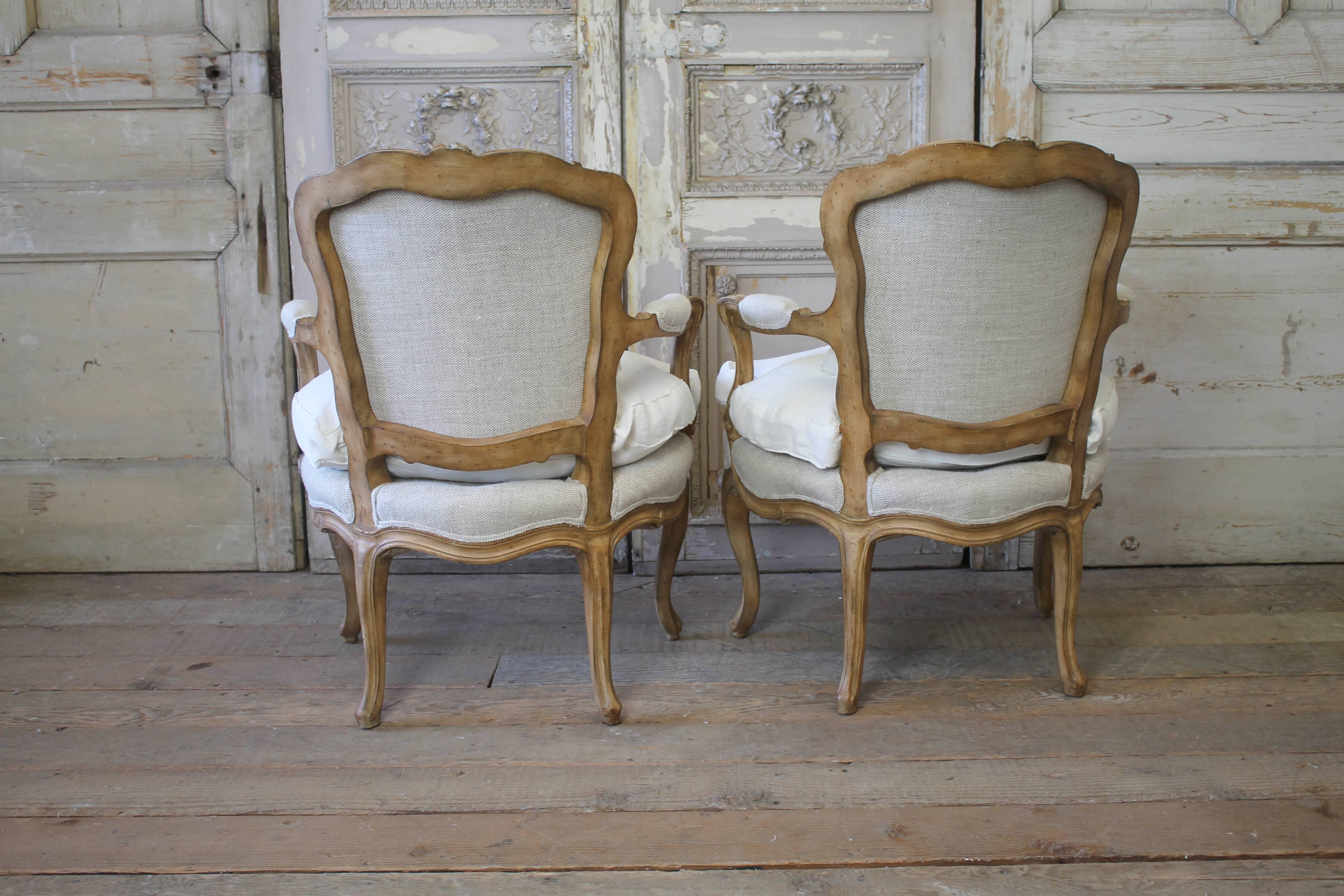 20th Century Pair of Louis XV Style Open Armchairs in Upholstered in Irish Linens