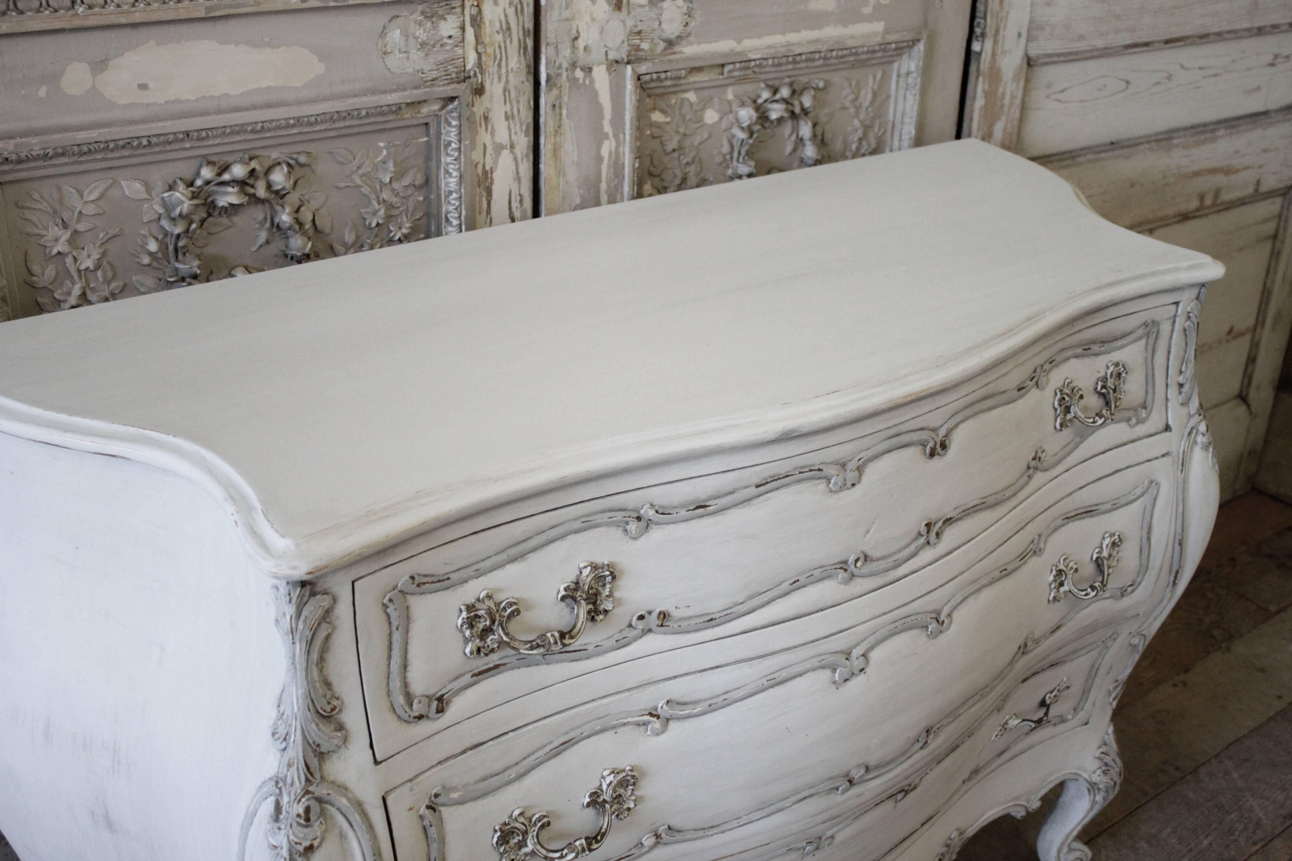 Louis XV 20th Century Painted and Carved Roses Three-Drawer Commode