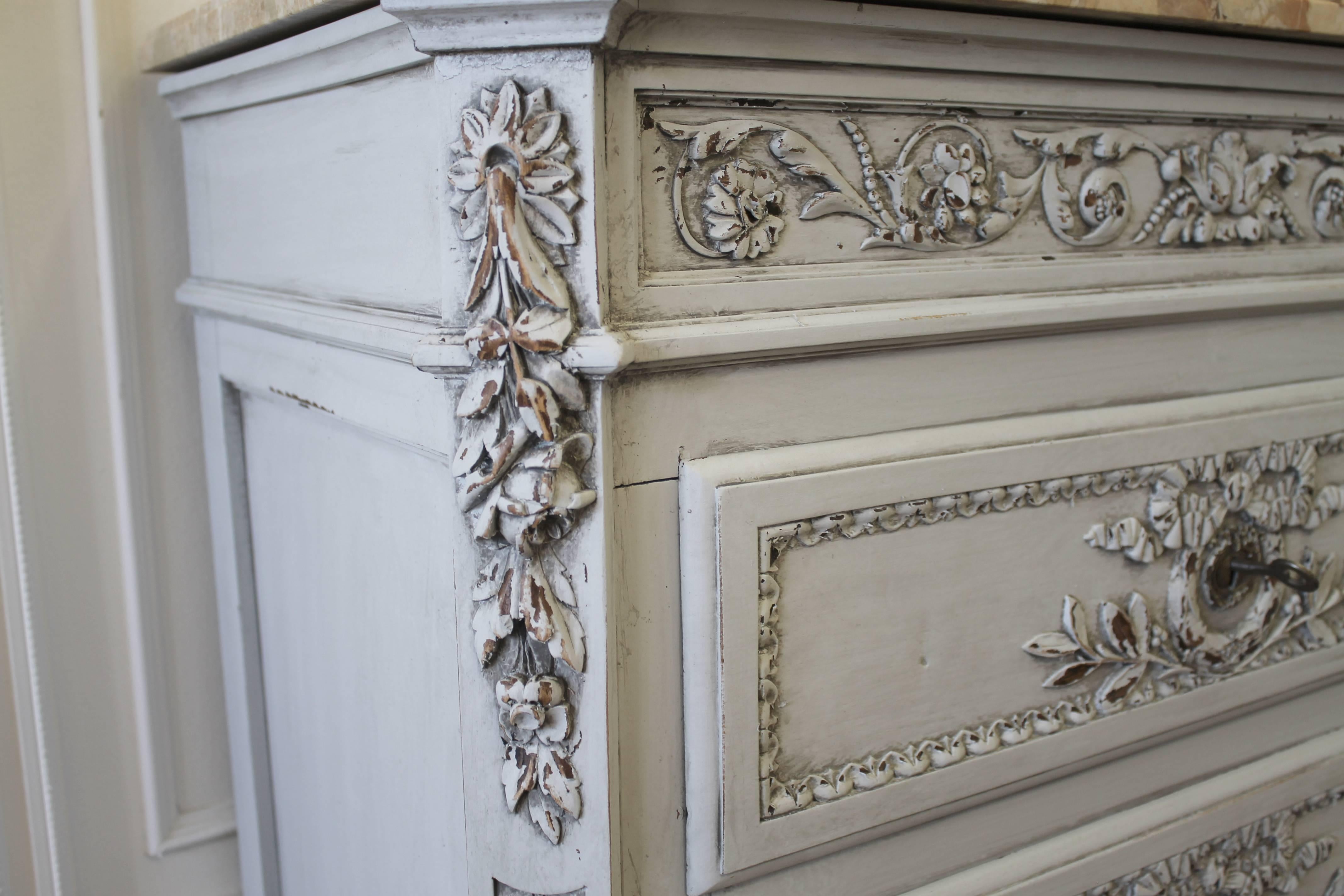 Louis XVI Style Painted and Carved Ribbon Chest of Drawers with Marble Top In Good Condition In Brea, CA