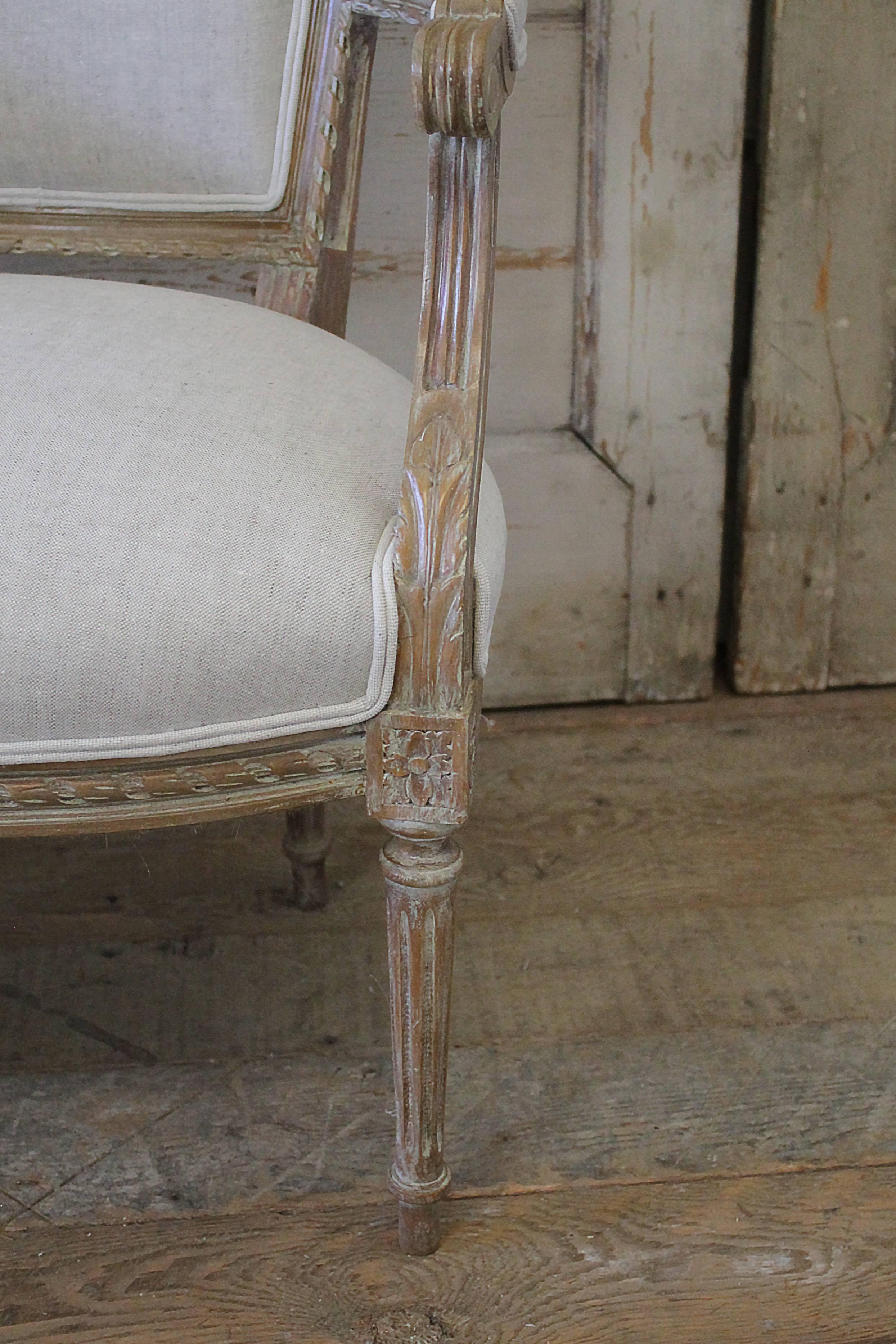 Carved 20th Century Louis XVI Style Faeuteils in Natural Belgian Linen