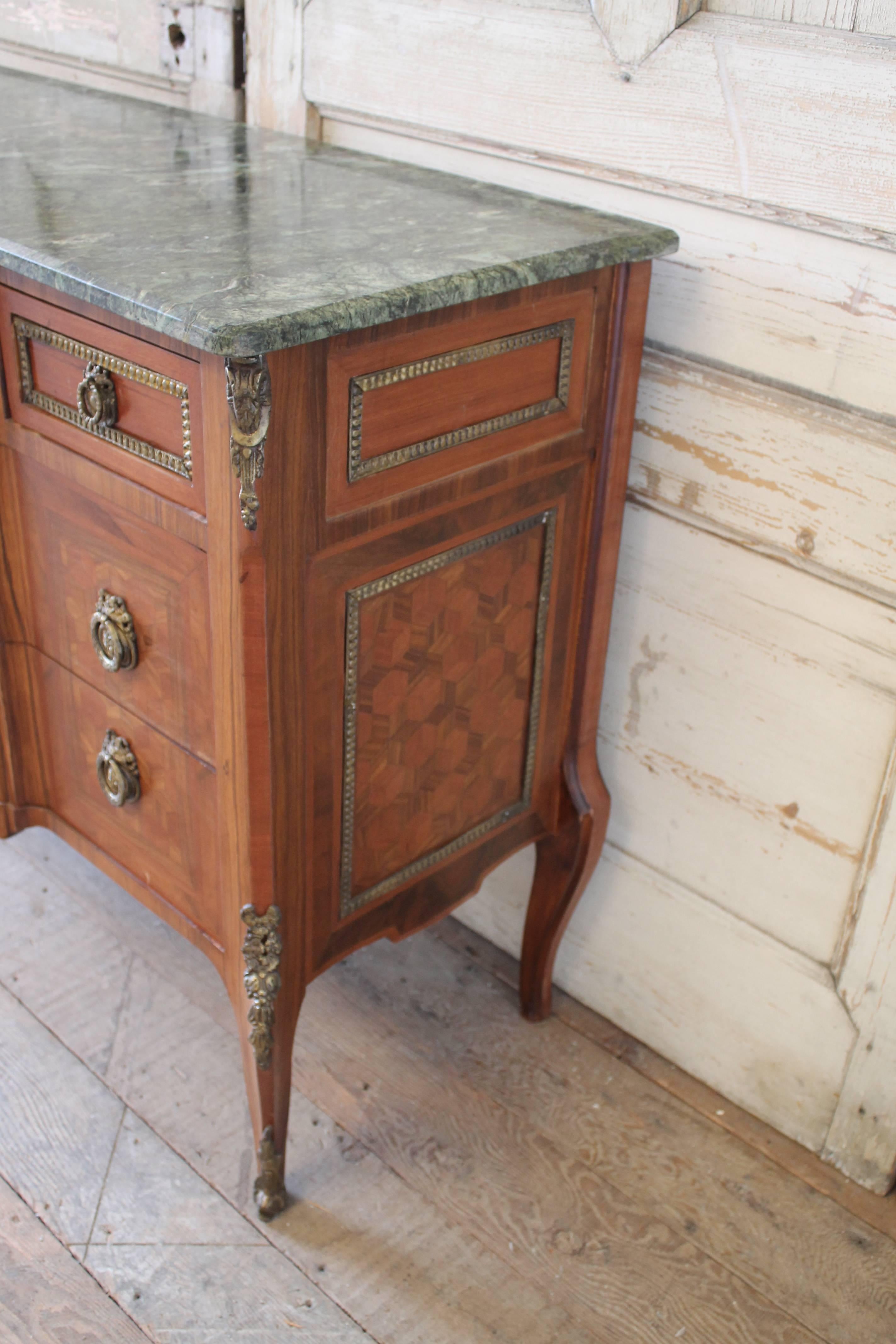 French Marquetry Inlaid Commode with Marble Top In Good Condition In Brea, CA