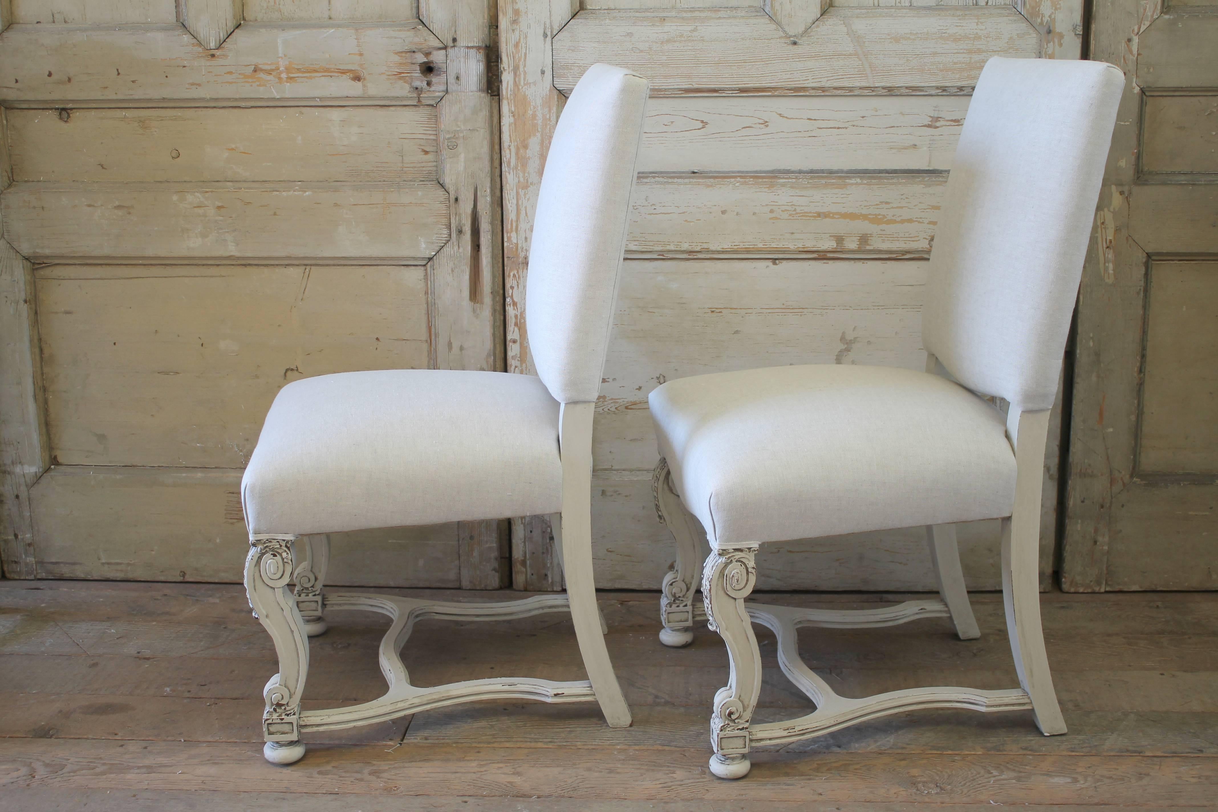 Set of Eight Carved and Linen Upholstered Renaissance Dining Chairs In Good Condition In Brea, CA