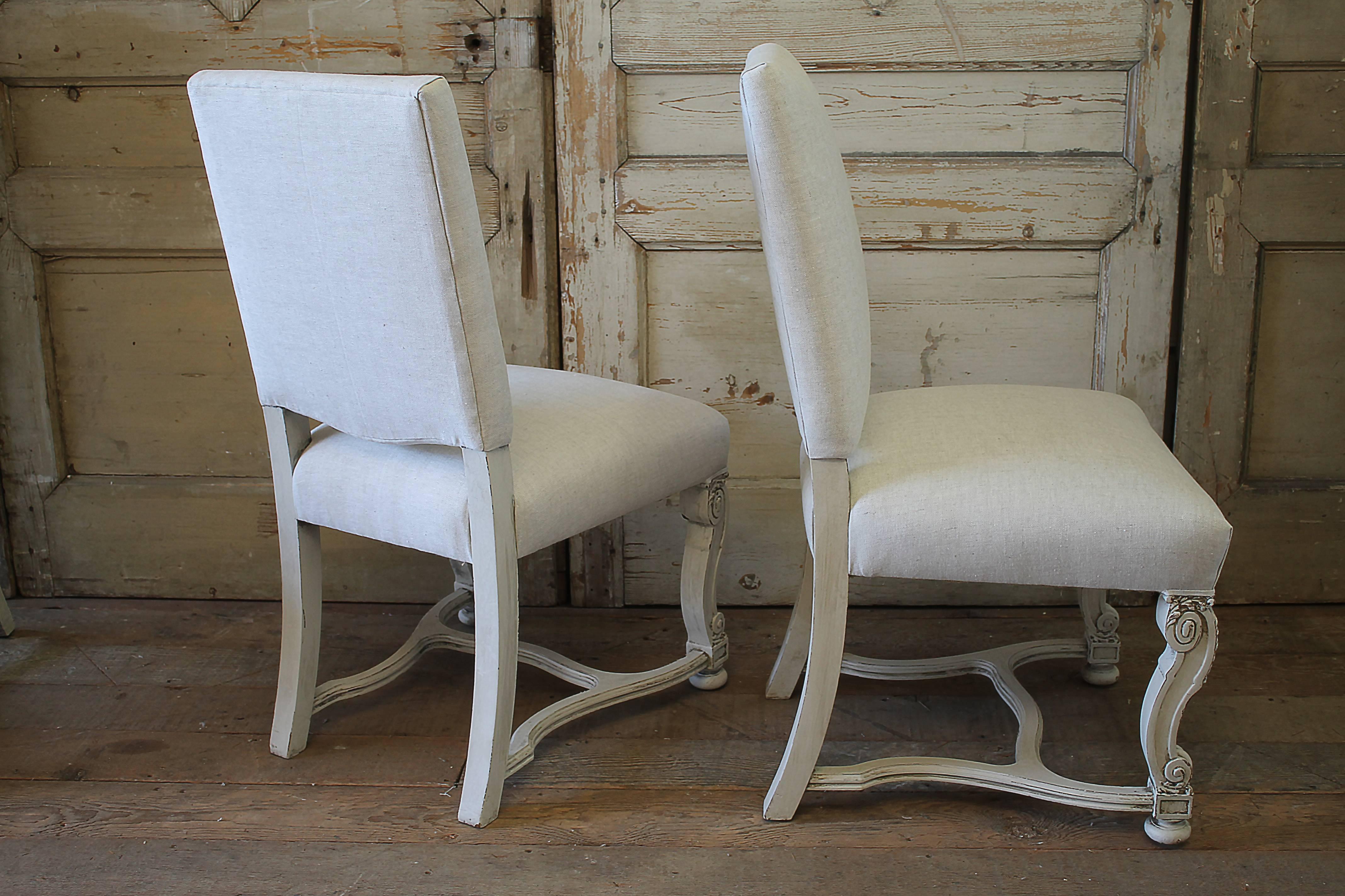 Set of Eight Carved and Linen Upholstered Renaissance Dining Chairs 2