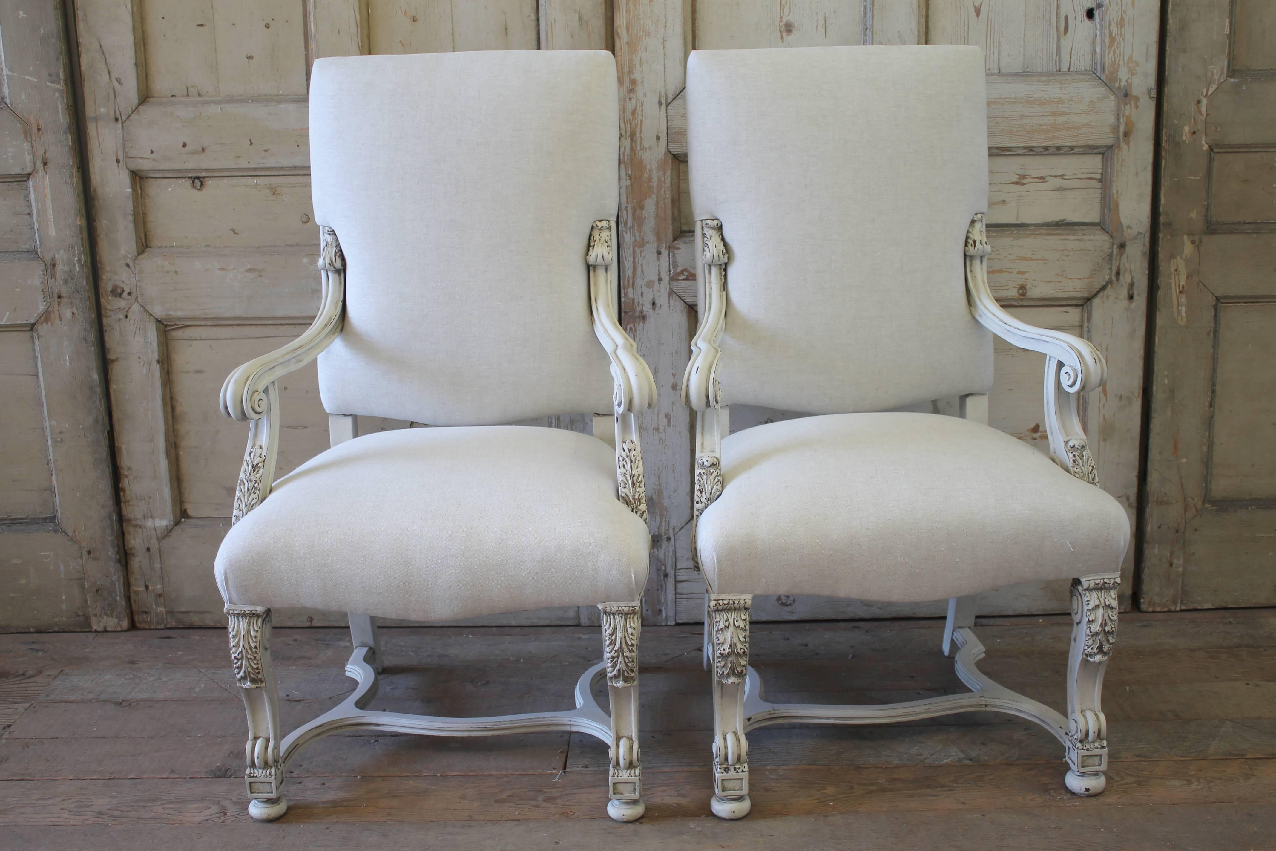 Set of Eight Carved and Linen Upholstered Renaissance Dining Chairs 3