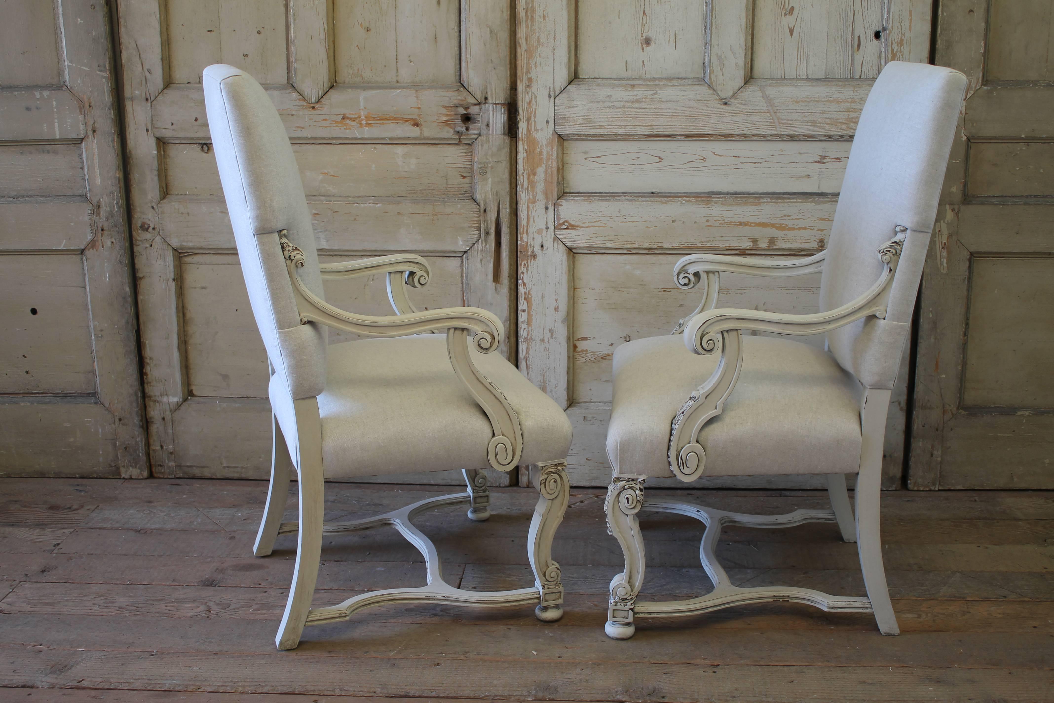 Set of Eight Carved and Linen Upholstered Renaissance Dining Chairs 5