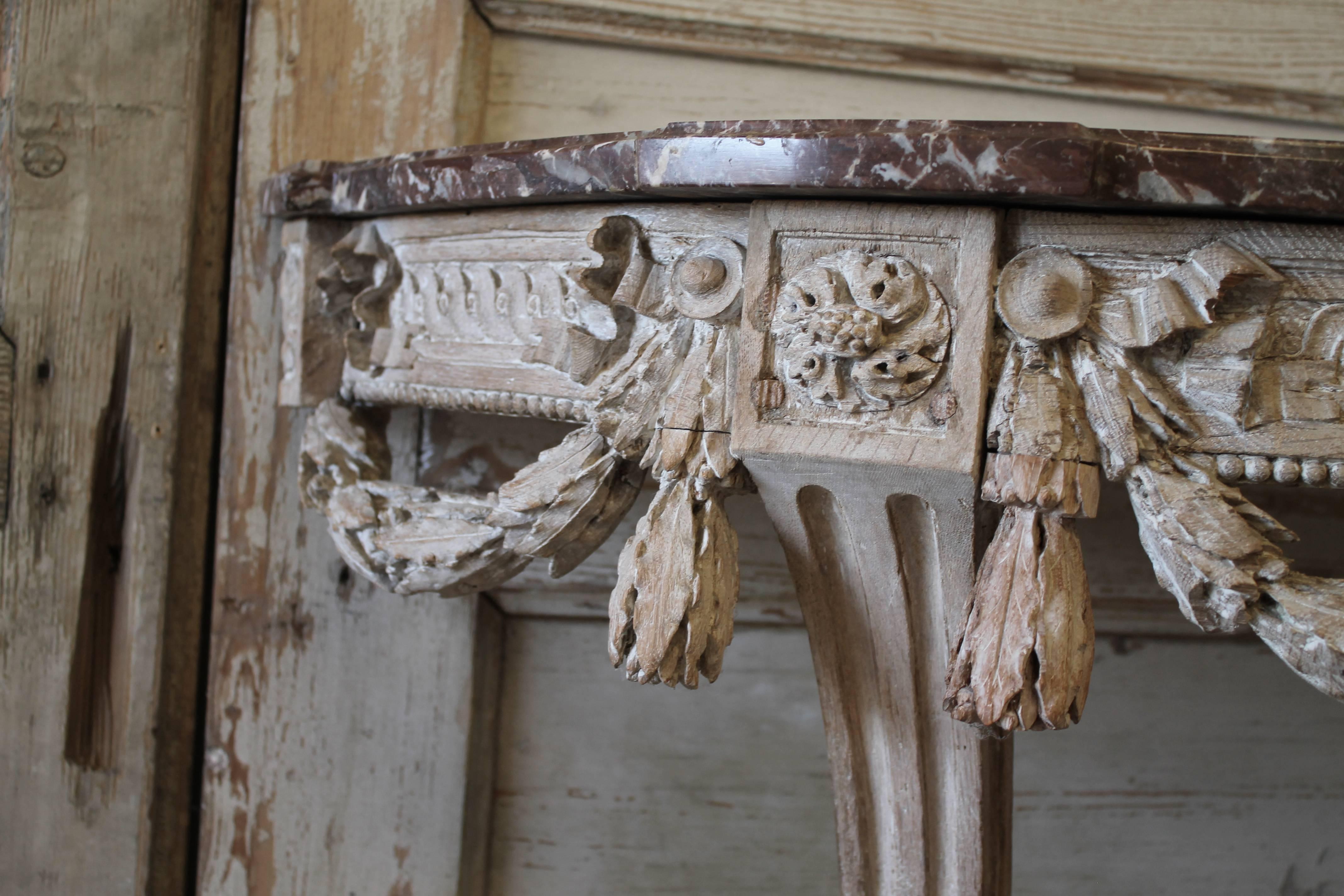 Carved 19th Century Bleached Oak Console Table with Marble Top