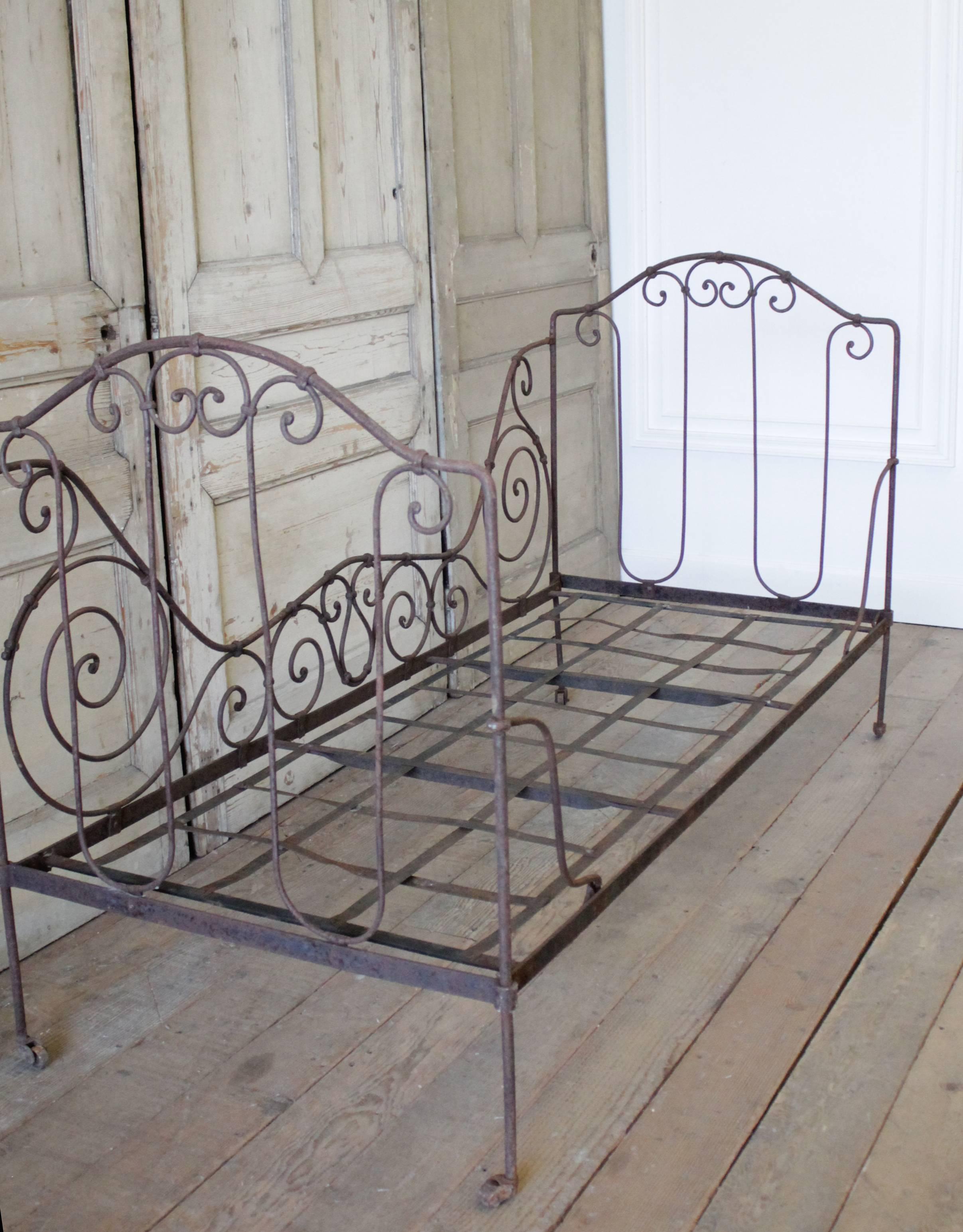 19th Century French Iron Campaign Folding Daybed In Distressed Condition In Brea, CA