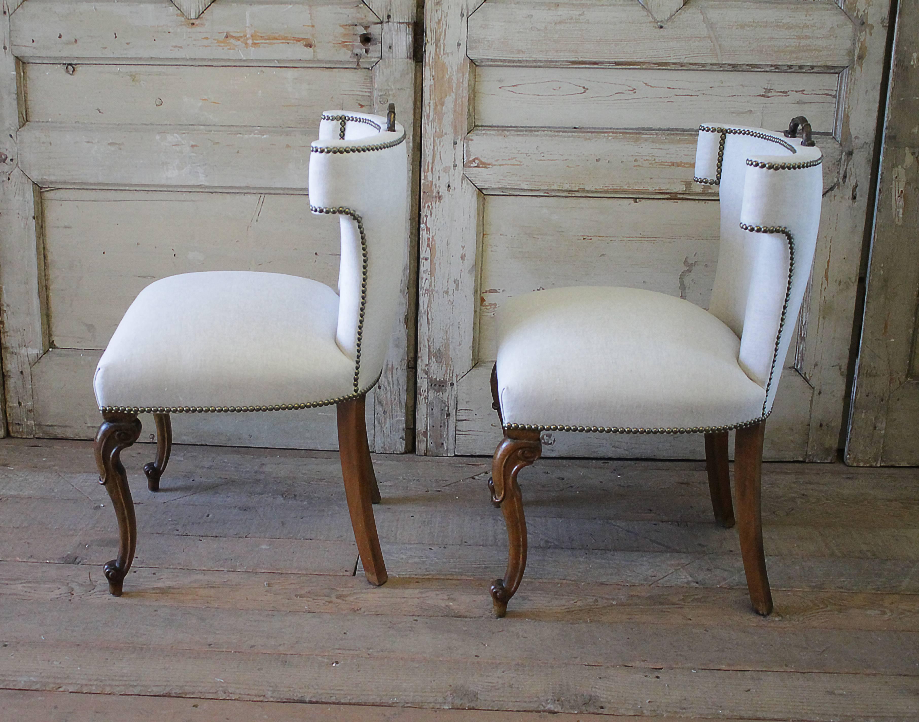 European Set of Four Early 20th Century Linen Upholstered Dining Chairs