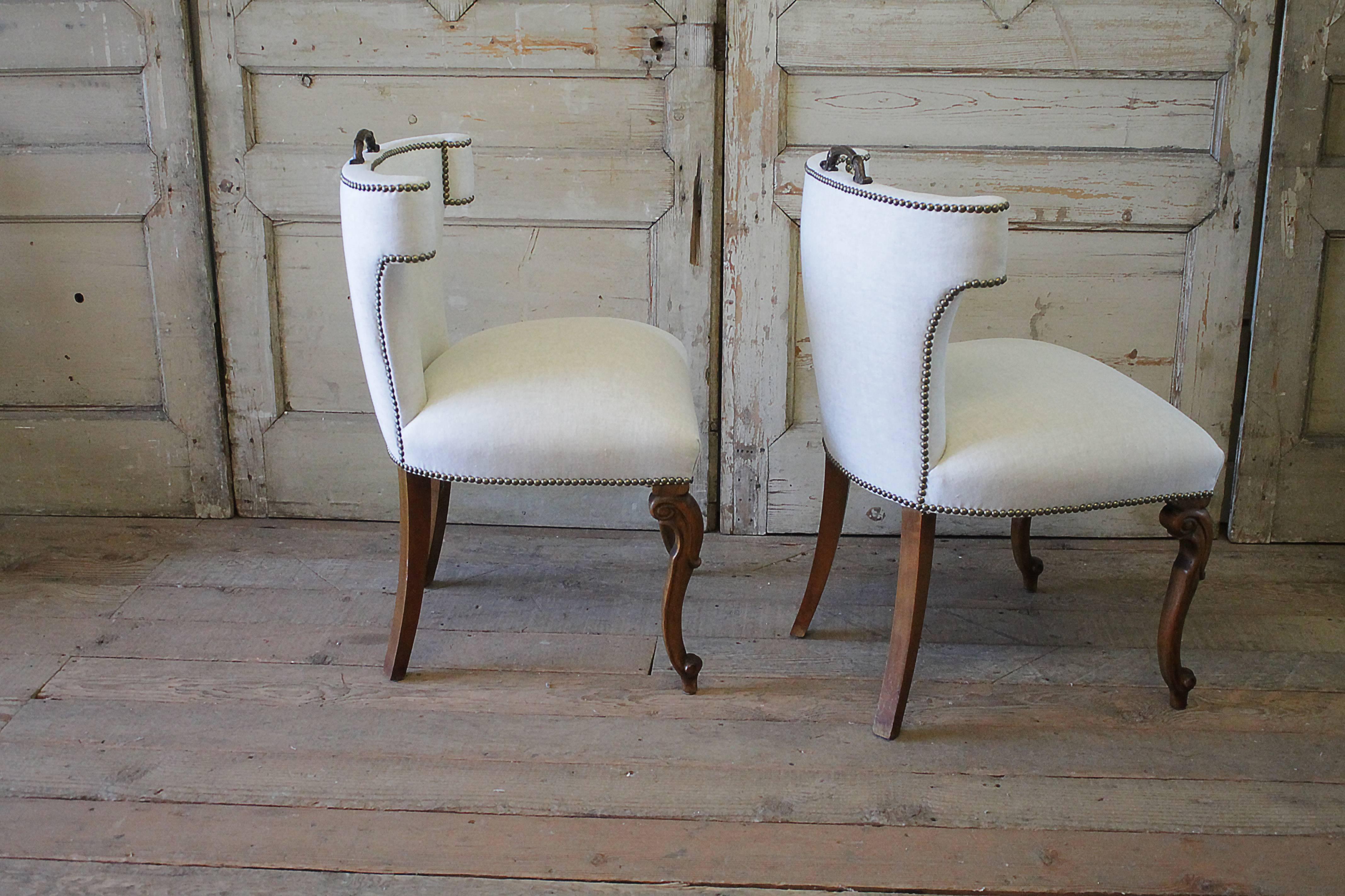 Hardwood Set of Four Early 20th Century Linen Upholstered Dining Chairs