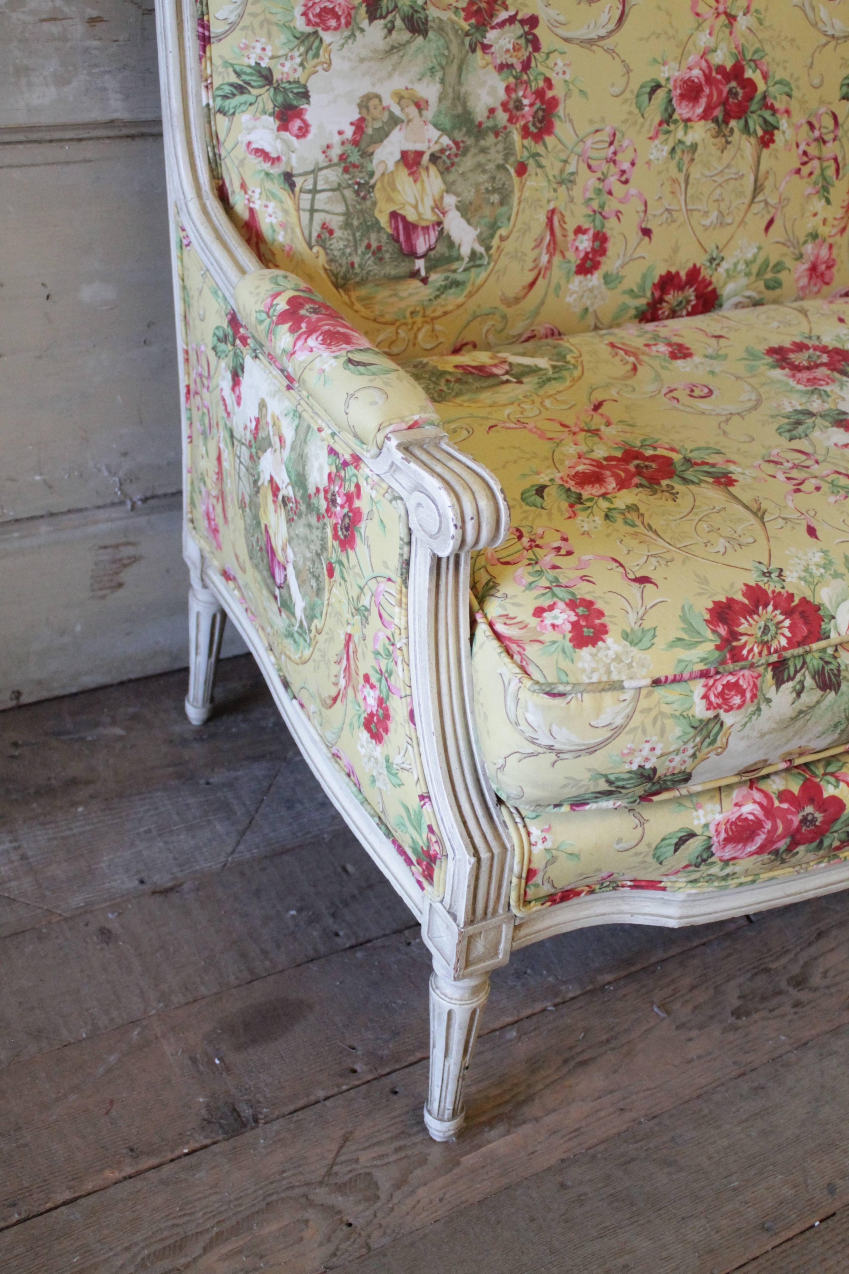 French Early 20th Century Toile De Jouy Upholstered Louis XVI Style Settee