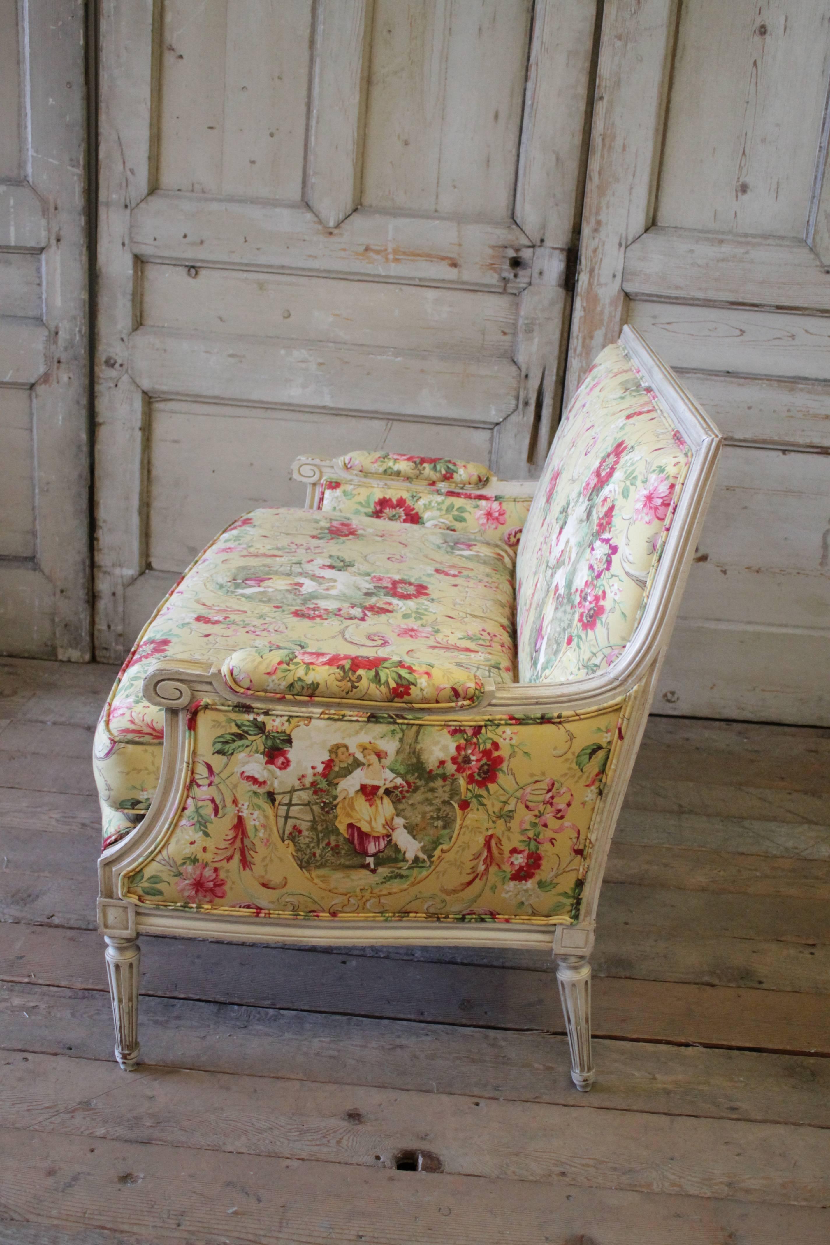 Upholstery Early 20th Century Toile De Jouy Upholstered Louis XVI Style Settee