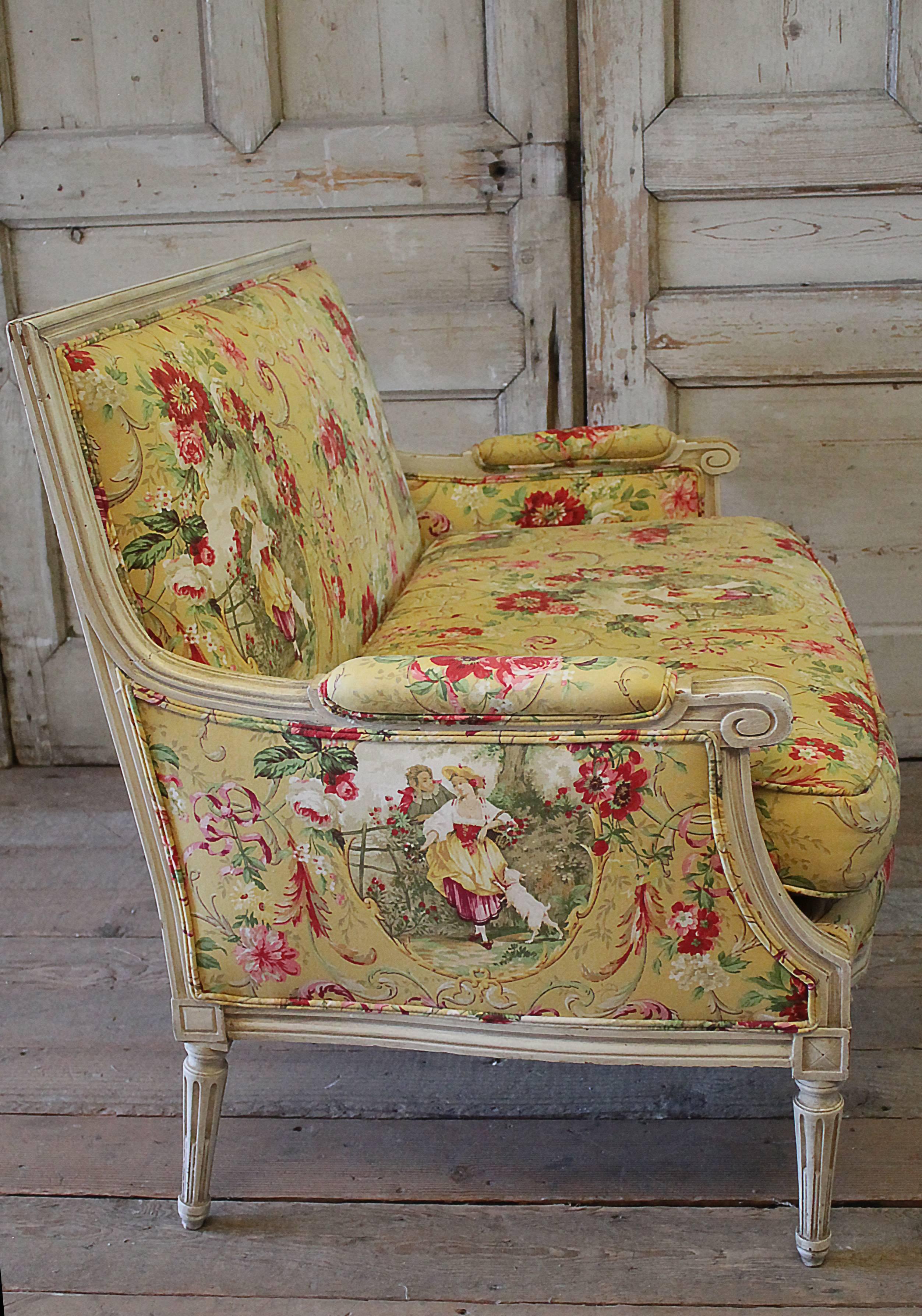 Early 20th Century Toile De Jouy Upholstered Louis XVI Style Settee 1
