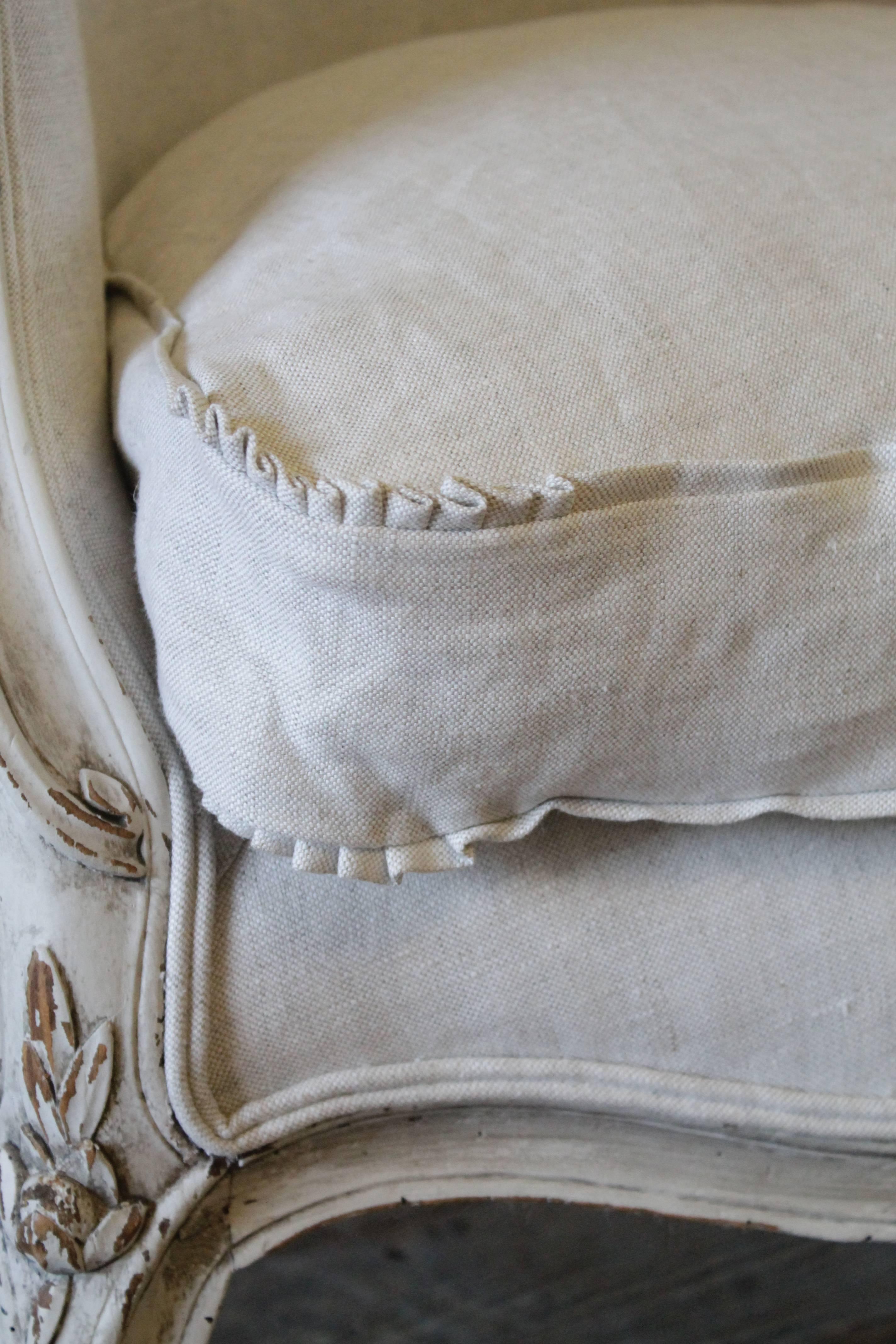 Linen Painted and Upholstered French Bergere Chair