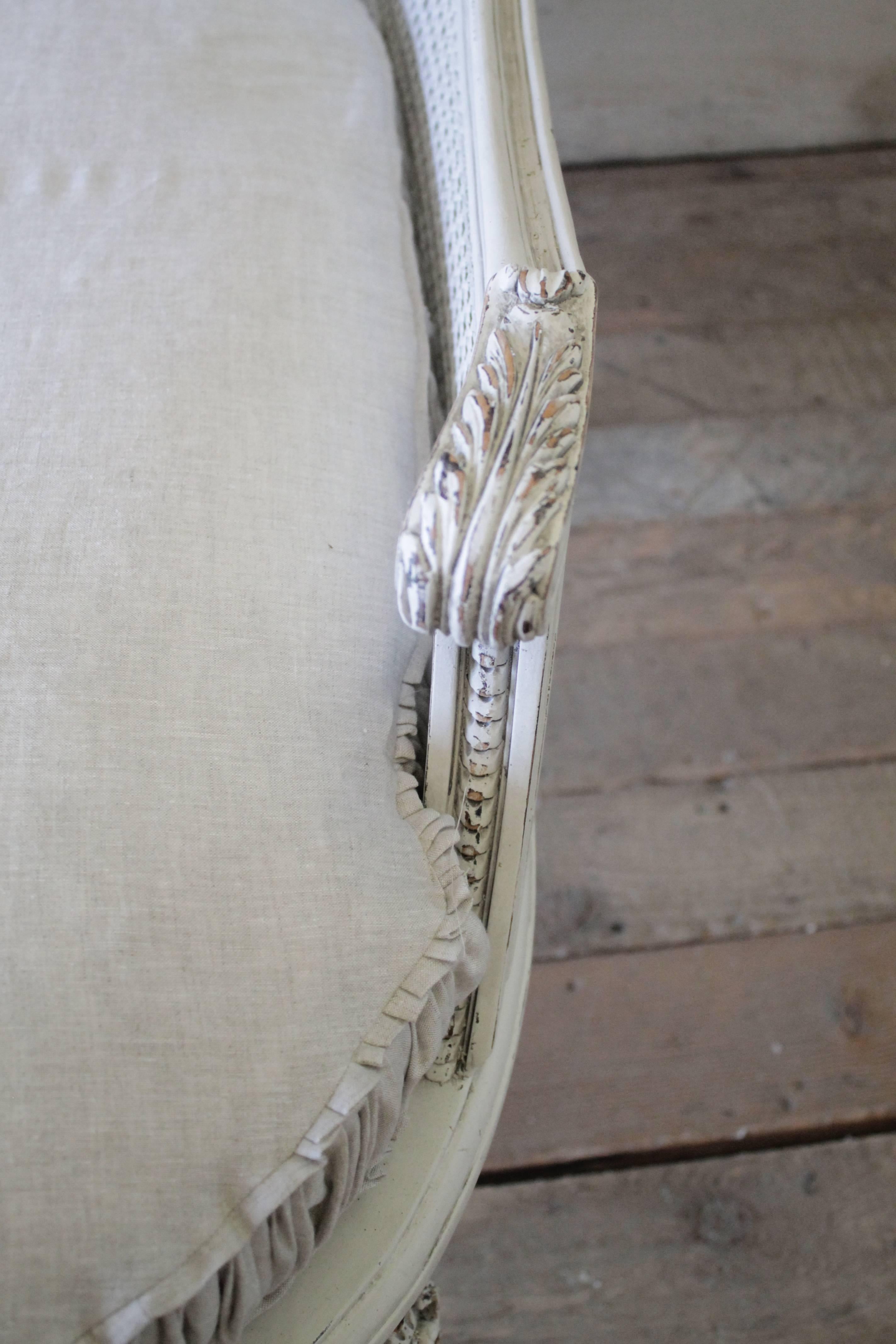 Linen 19th Century Louis XV Style Painted and Cane Recamier