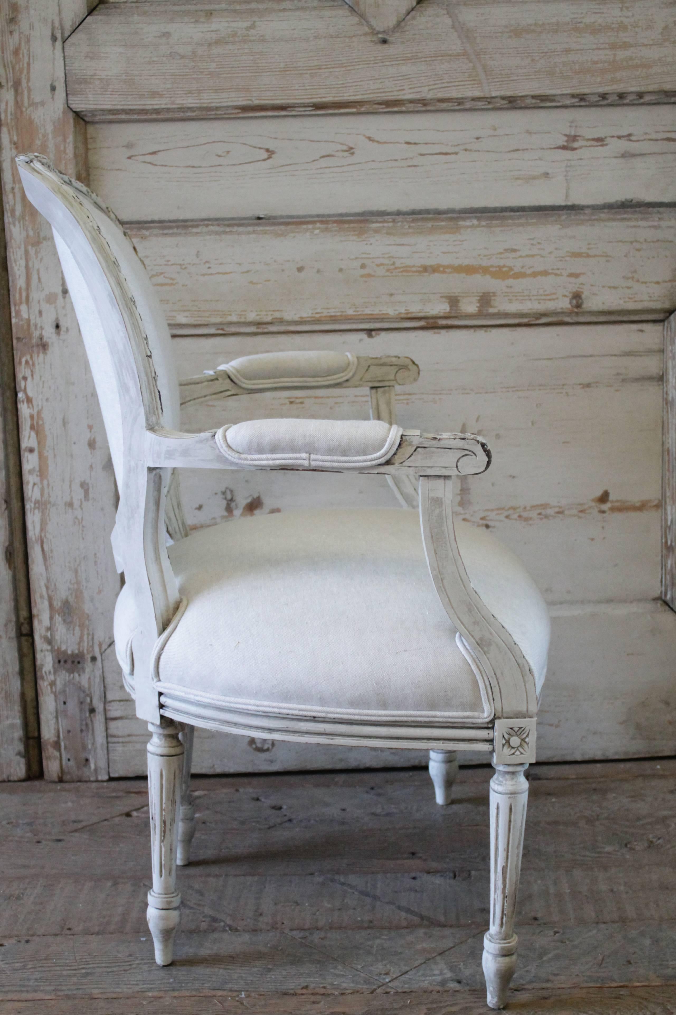 19th Century Carved Louis XVI Style Chair Upholstered in Belgian Linen 4