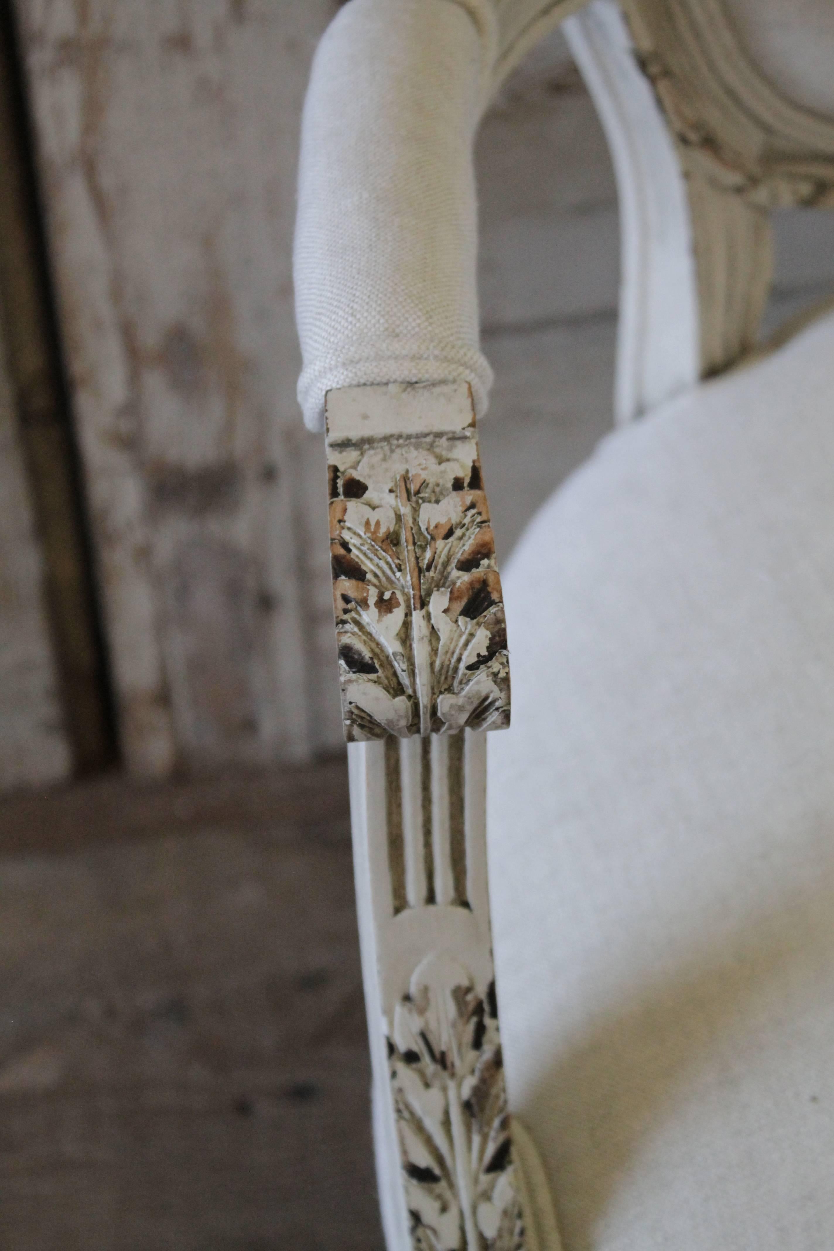 French 19th Century Carved Louis XVI Style Chair Upholstered in Belgian Linen