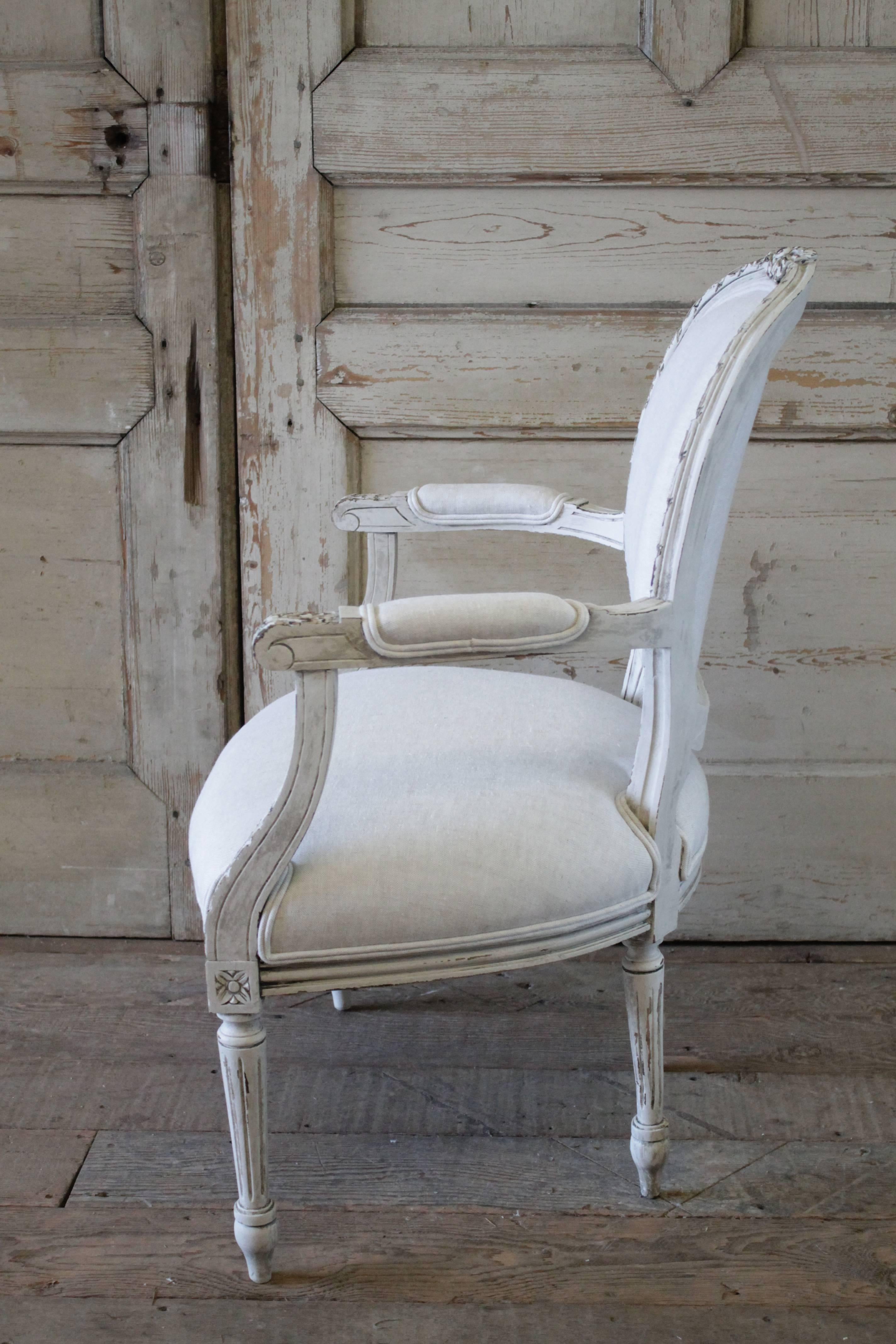 19th Century Carved Louis XVI Style Chair Upholstered in Belgian Linen 5