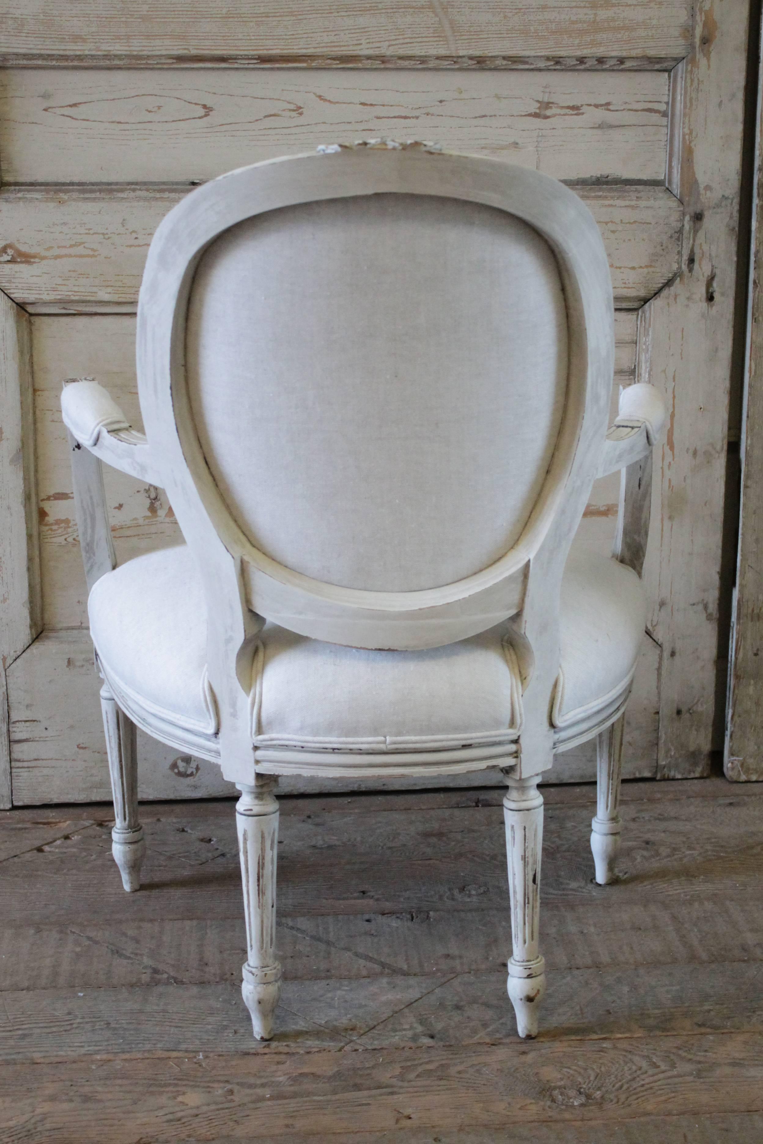 19th Century Carved Louis XVI Style Chair Upholstered in Belgian Linen 6
