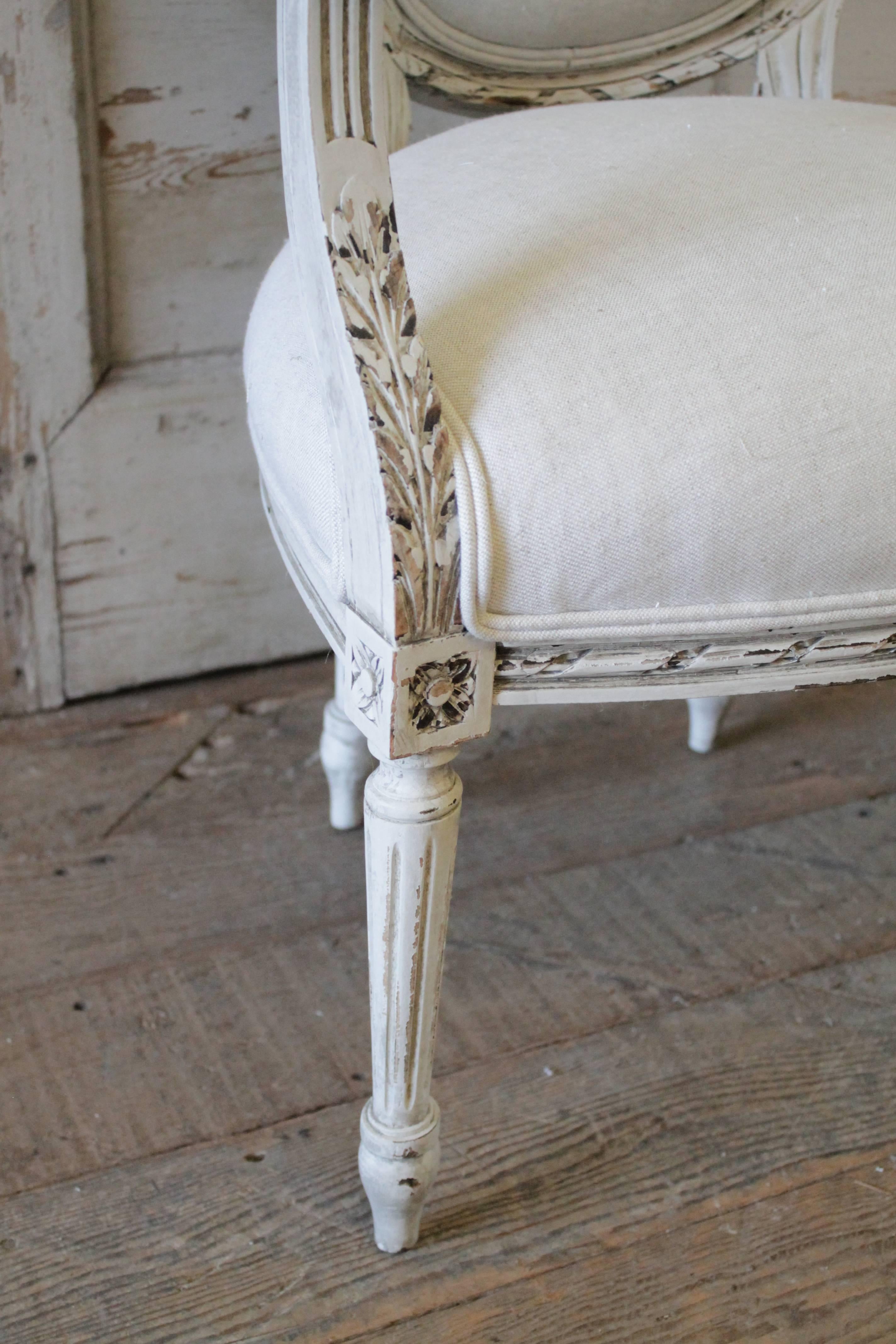 19th Century Carved Louis XVI Style Chair Upholstered in Belgian Linen 2