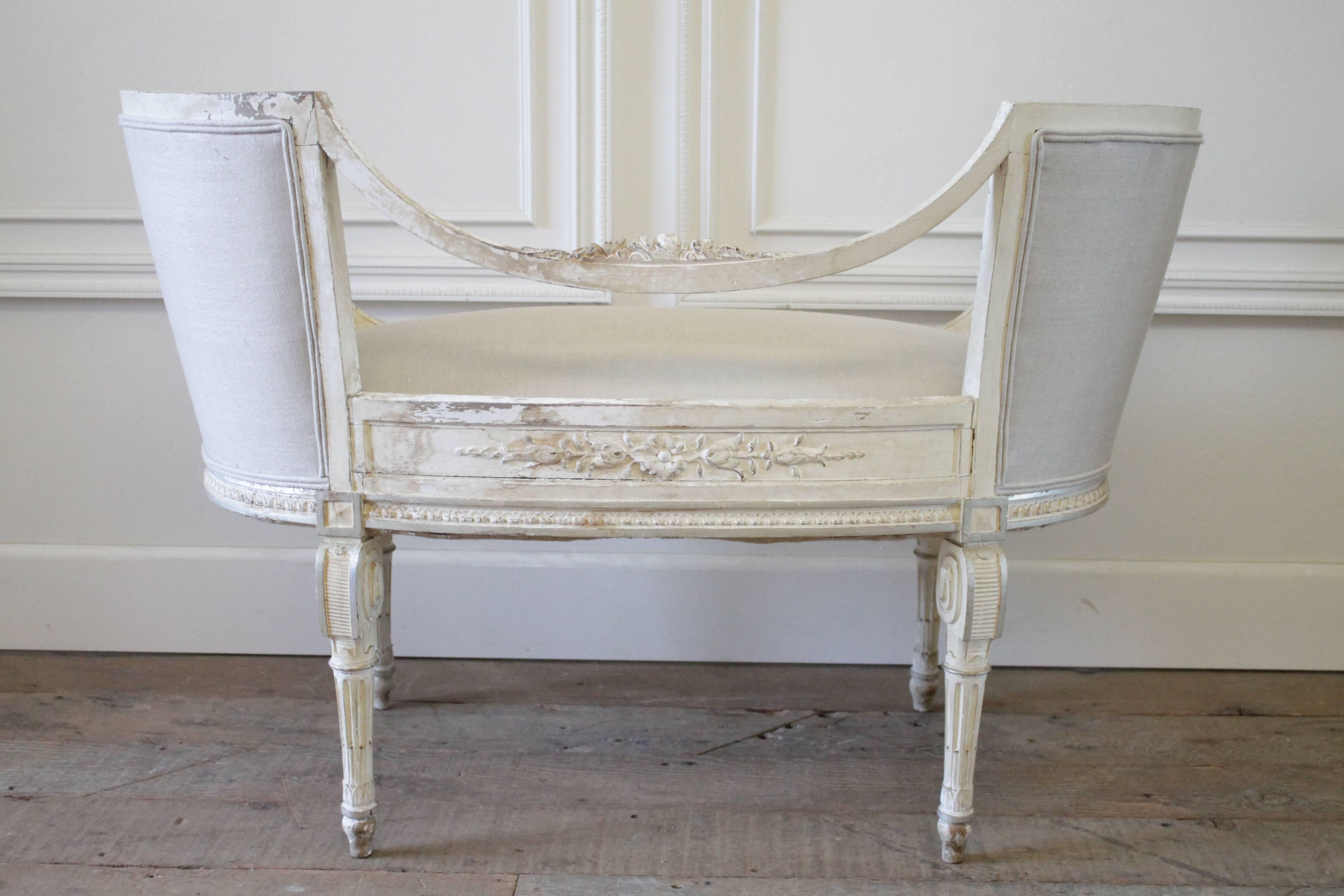 19th Century Antique Neoclassical Style Painted and Silk Upholstered Bench 4