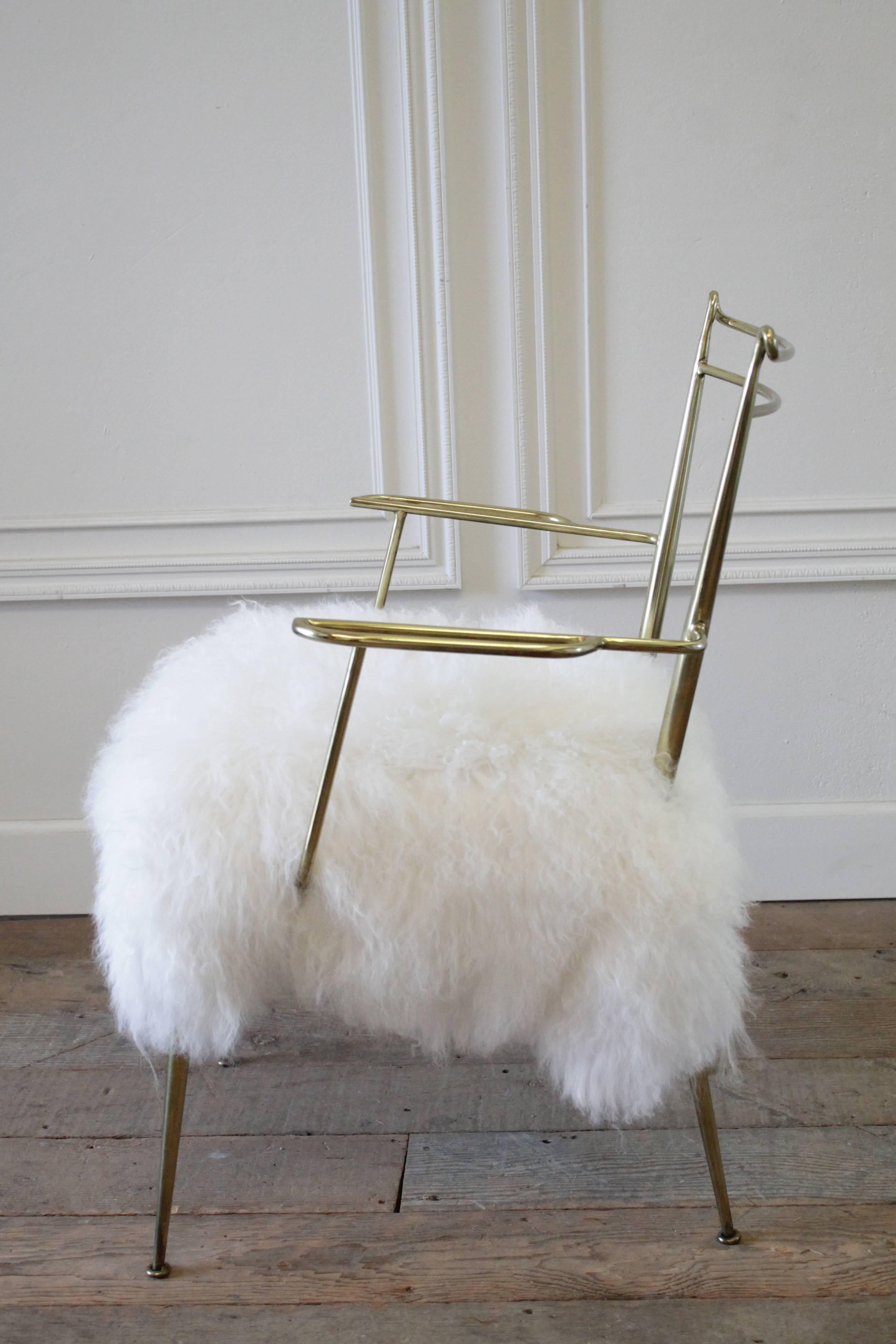 20th Century Vintage Brass Chair with Lambswool Upholstered Seat