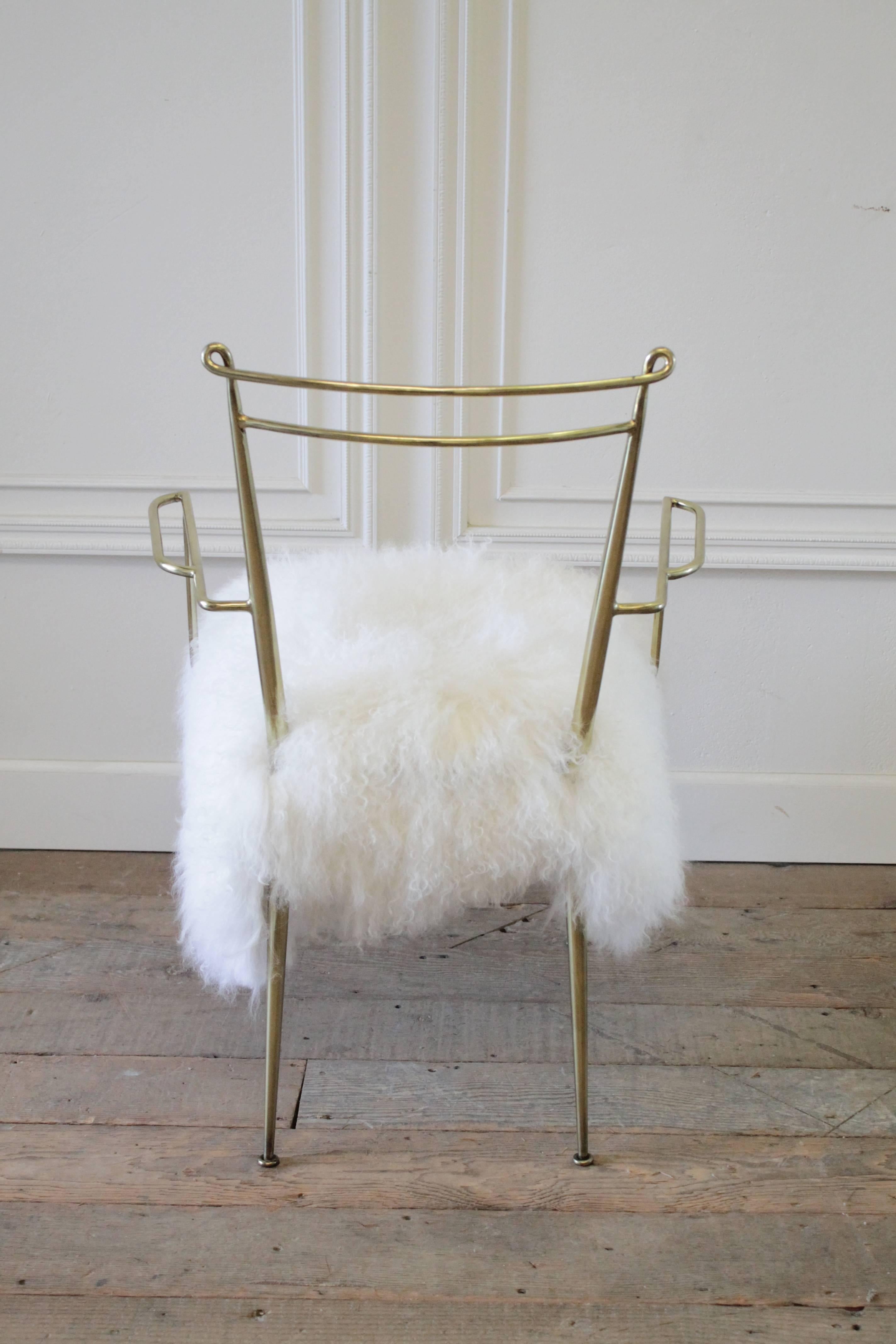 Vintage Brass Chair with Lambswool Upholstered Seat 1