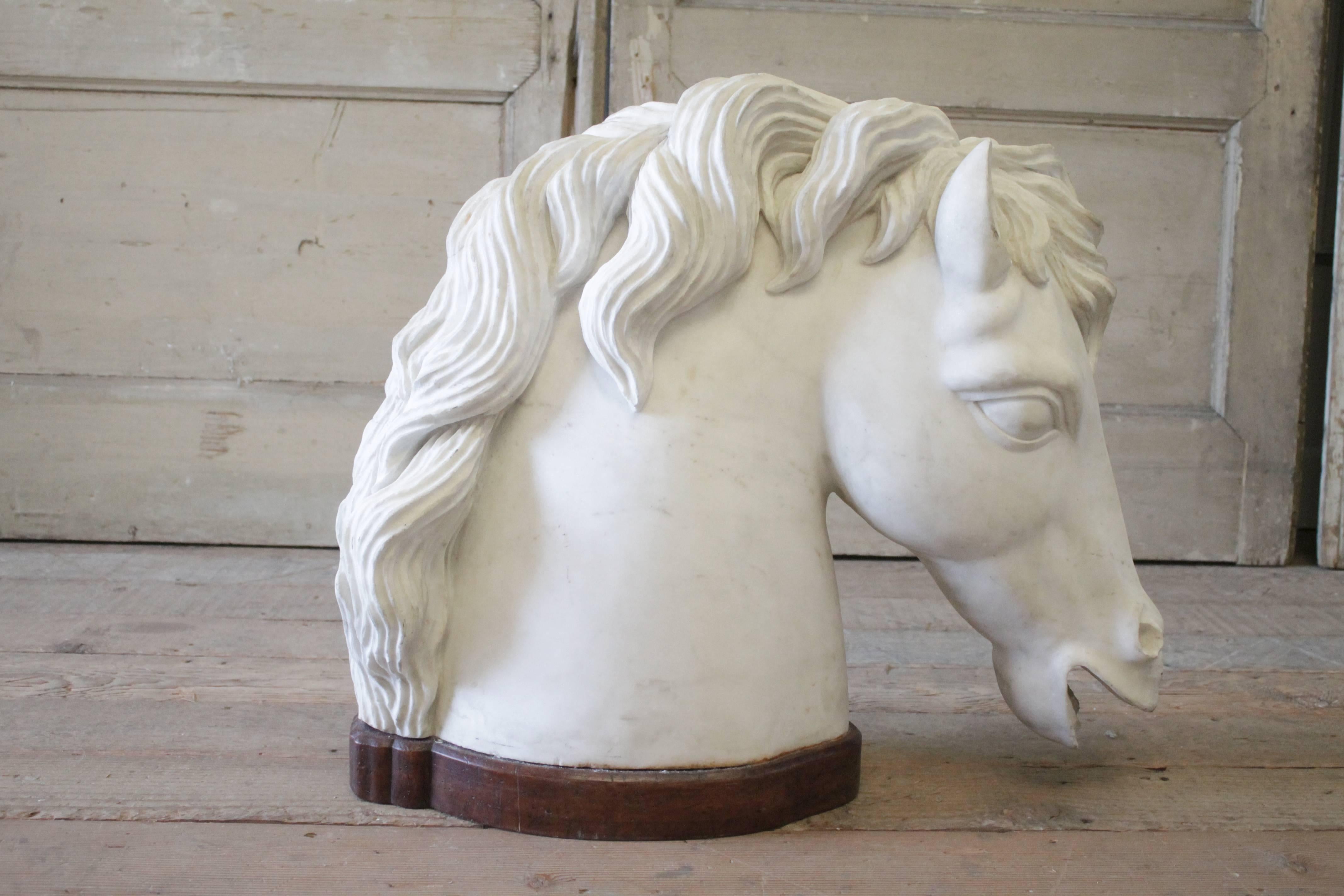 Large Carved Marble Horse Head on Wooden Base For Sale 1
