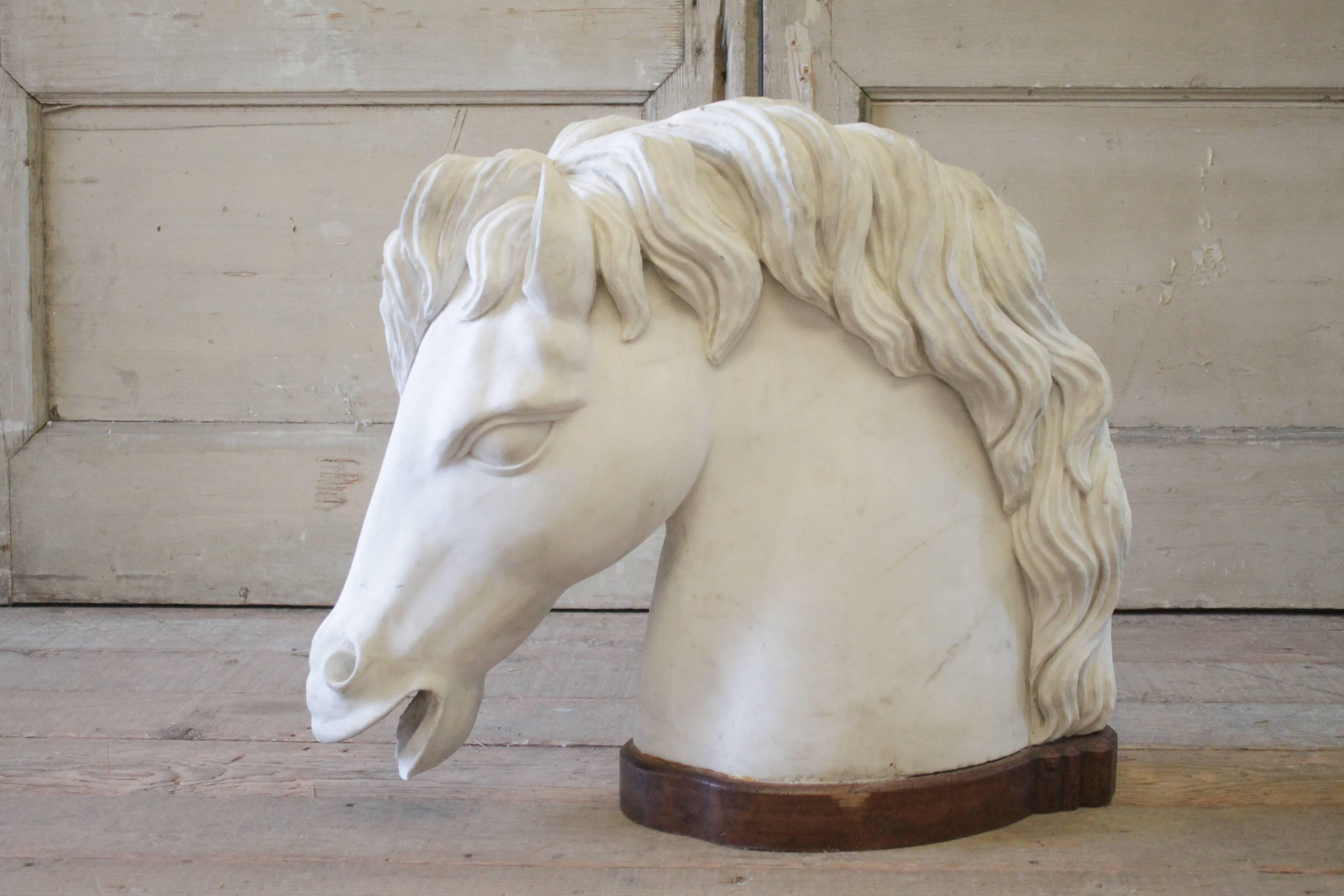 Grande testa di cavallo in marmo intagliato su base di legno in vendita 2