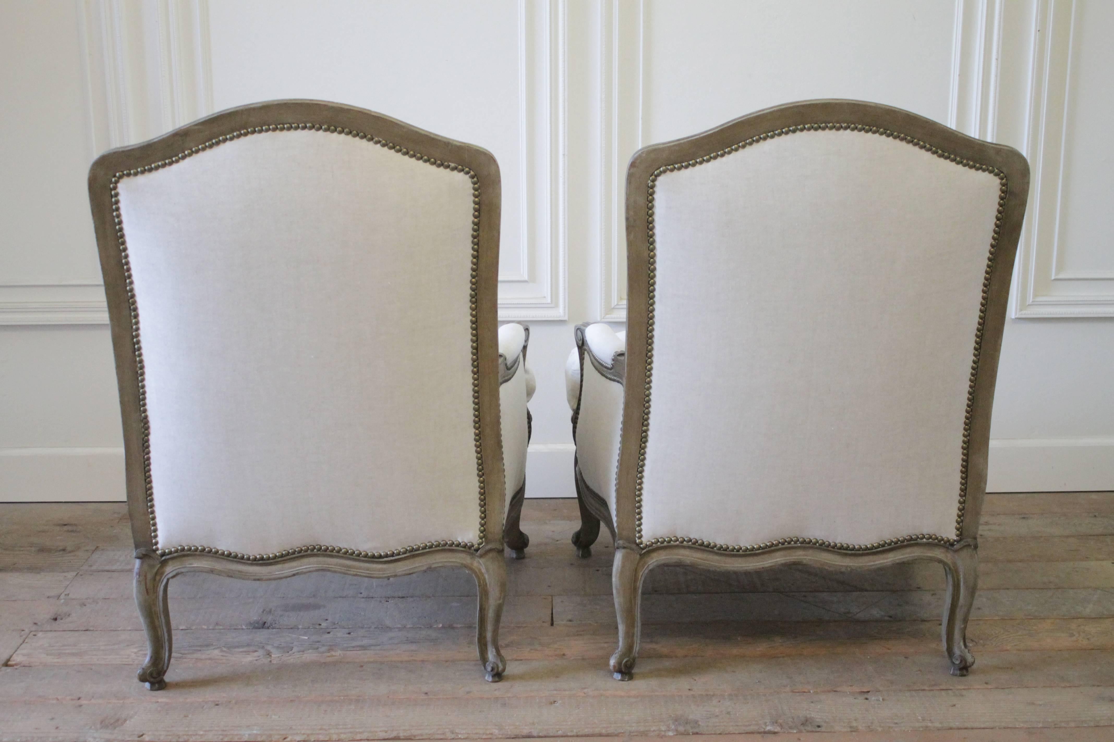 Pair of 20th Century Louis XV Style Painted and Upholstered Linen Bergere Chairs 1
