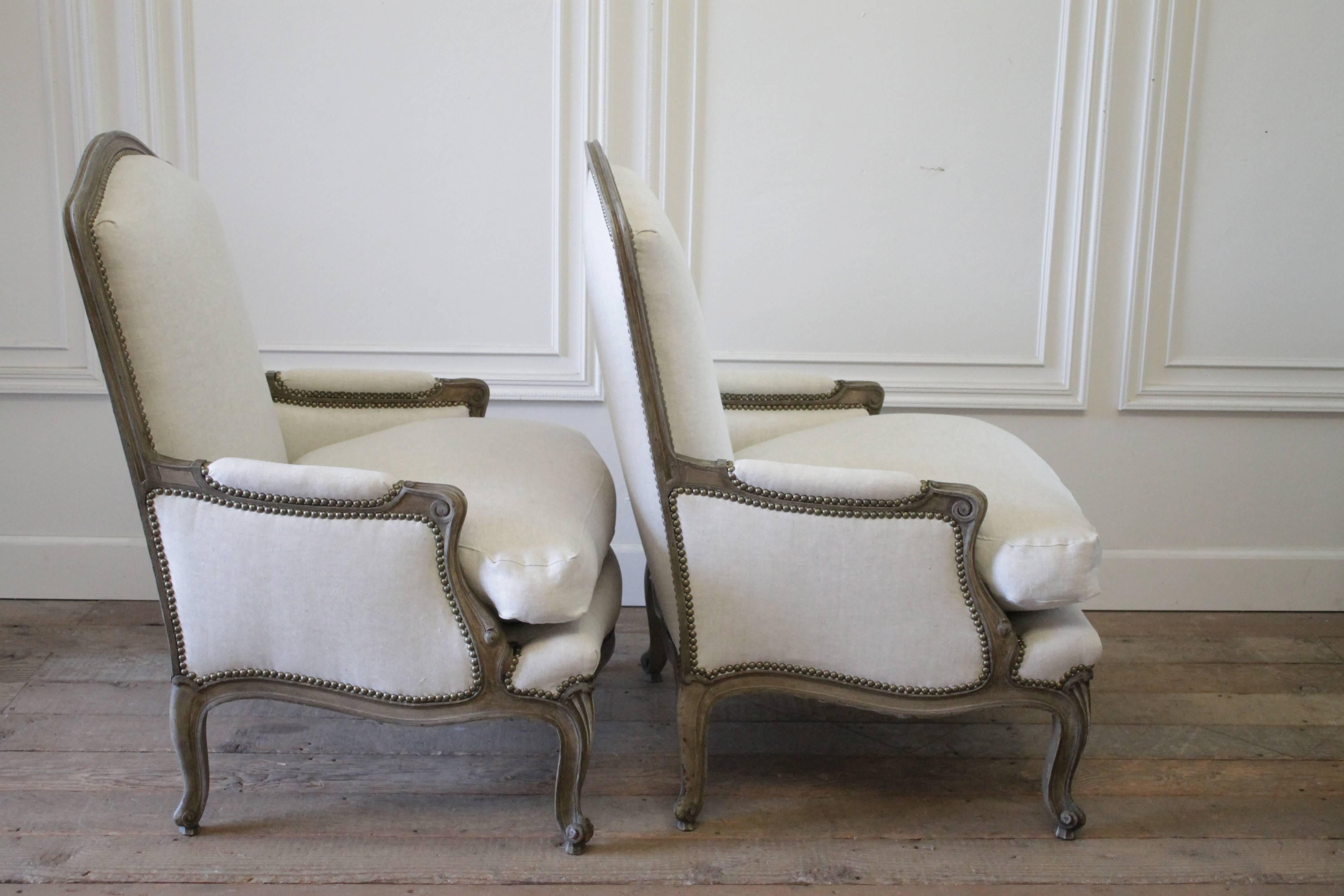 Pair of 20th Century Louis XV Style Painted and Upholstered Linen Bergere Chairs 2