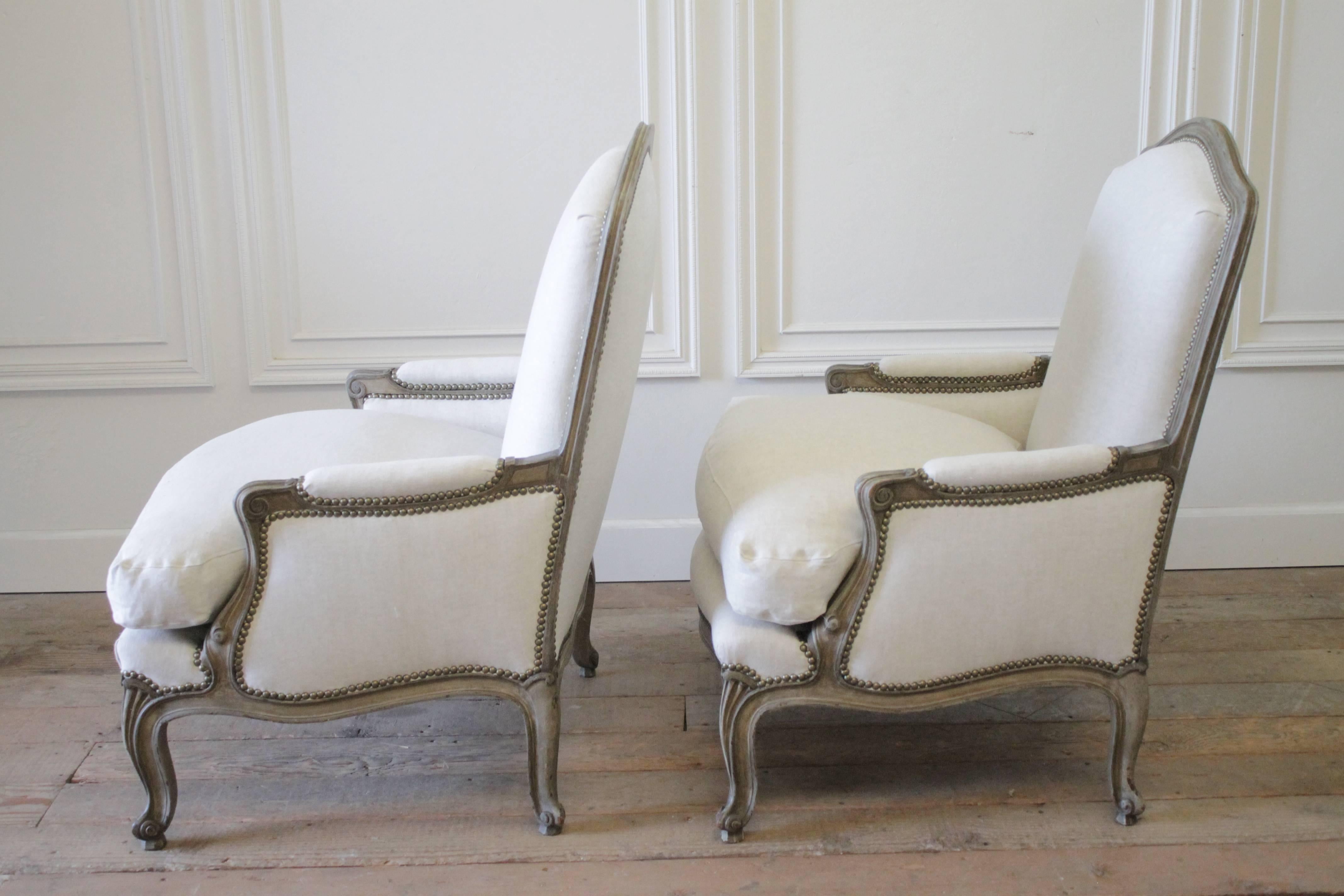 Pair of 20th Century Louis XV Style Painted and Upholstered Linen Bergere Chairs 3