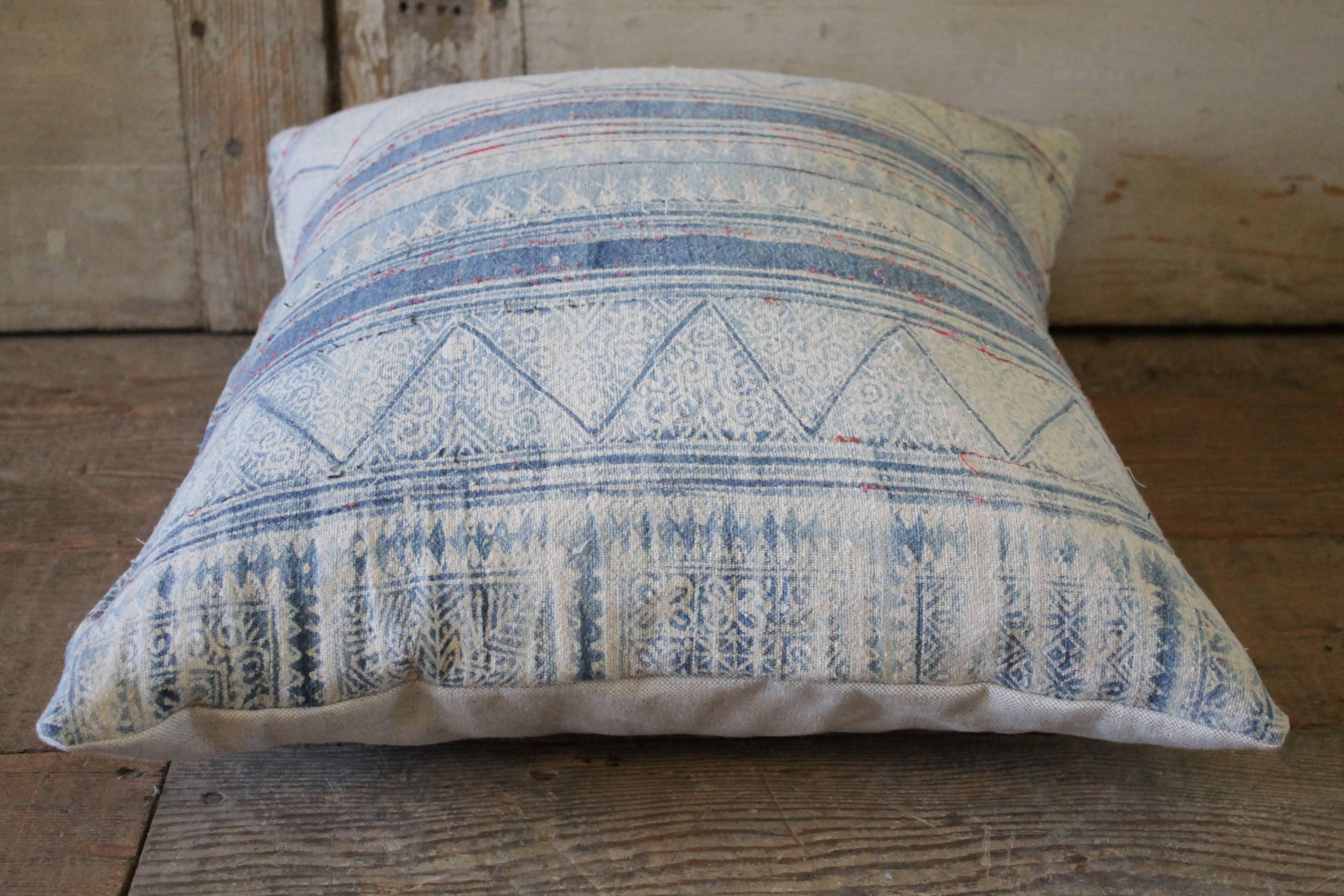 20th Century Vintage Blue Batik Accent Pillow with Pink Threads