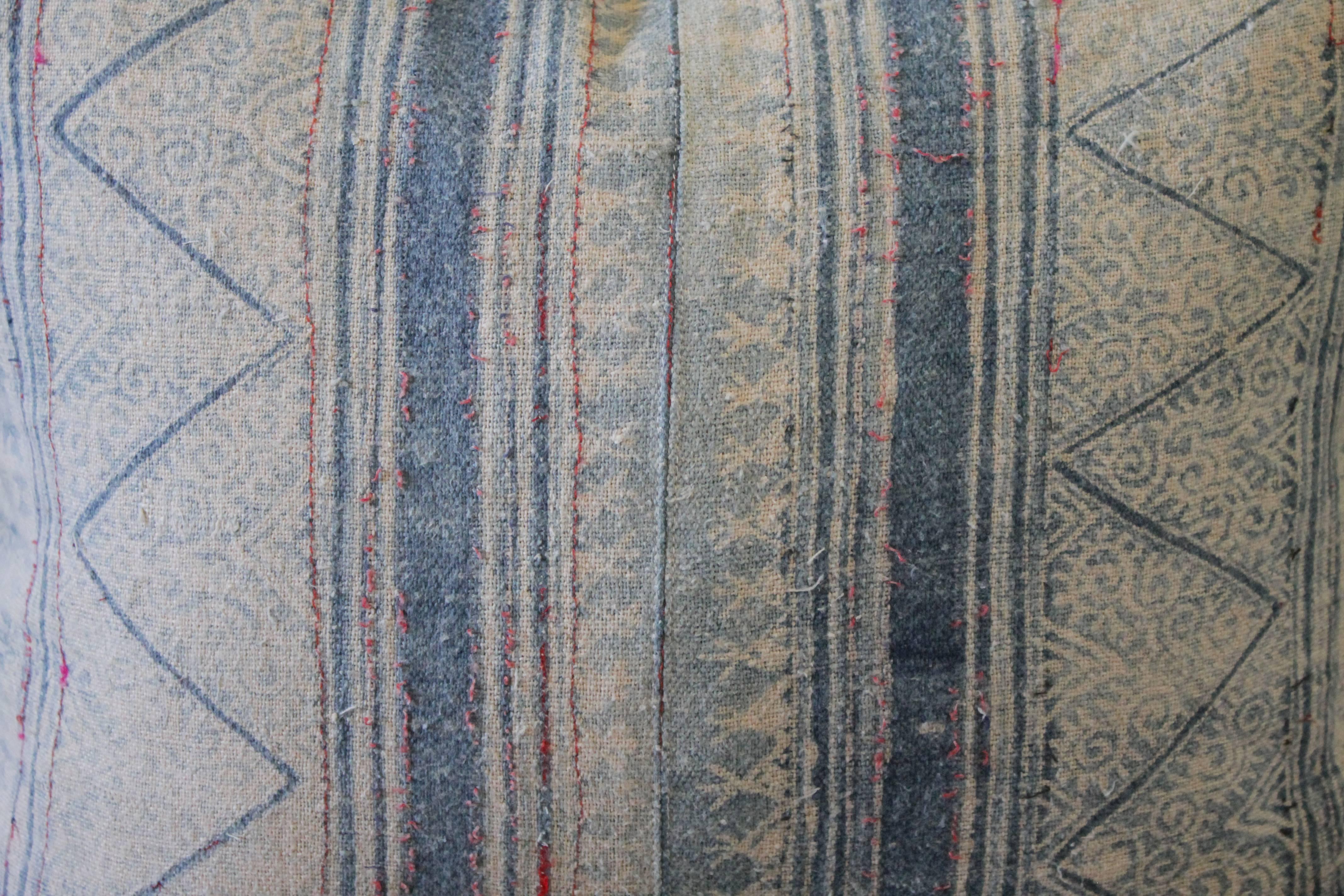 Vintage Blue Batik Accent Pillow with Pink Threads 1