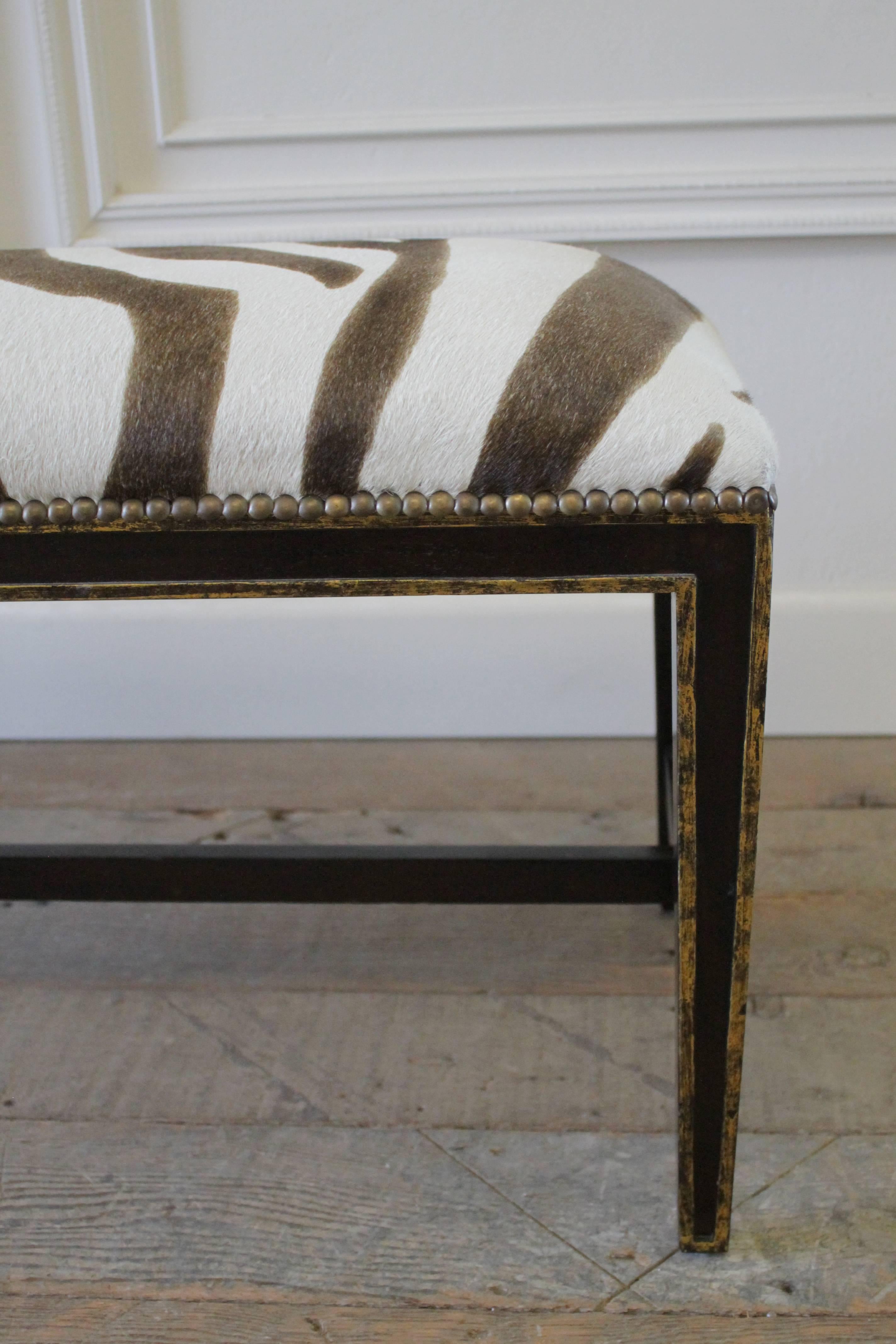 Custom Zebra Print Upholstered Hide Bench In Good Condition In Brea, CA