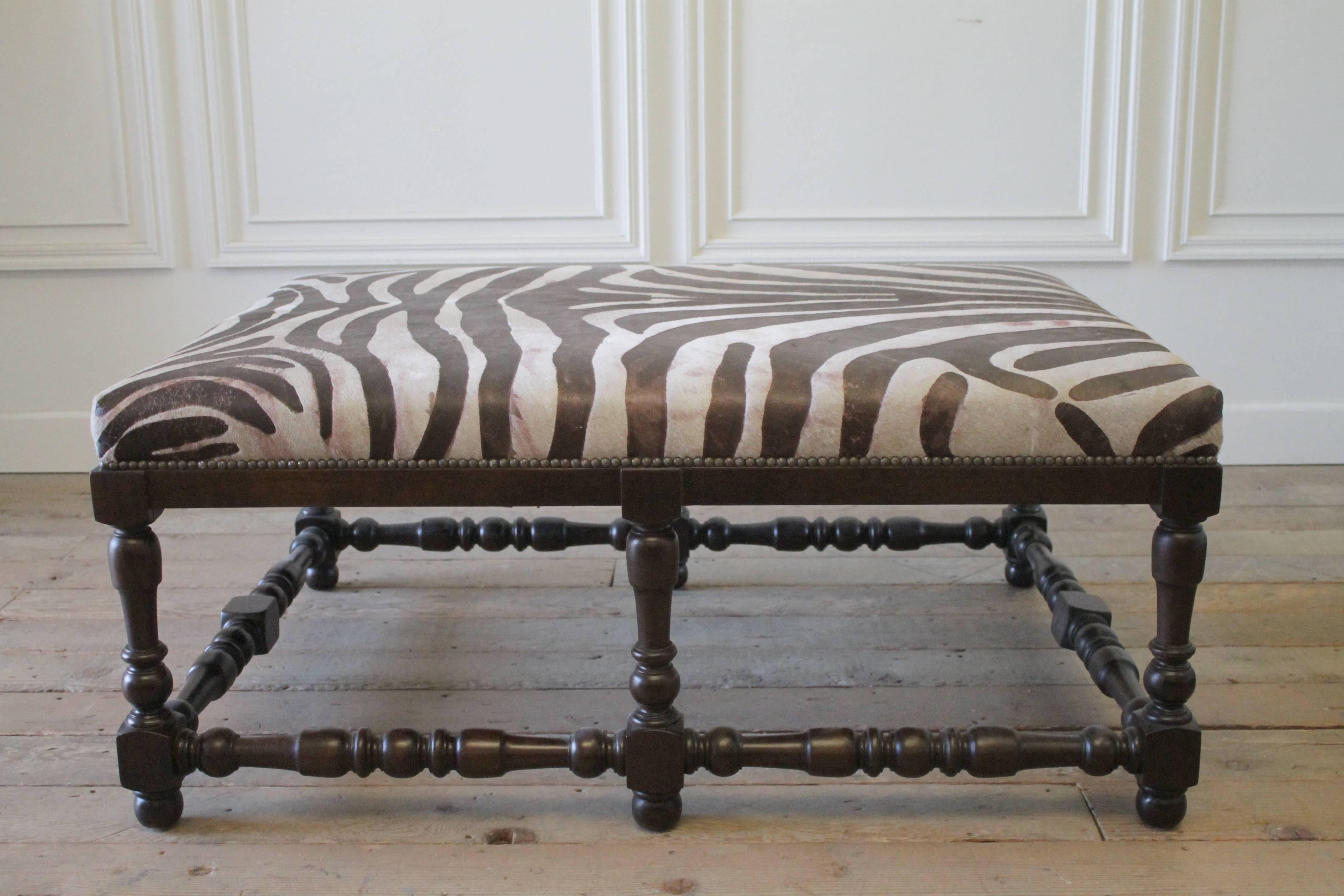 Custom Zebra Print Upholstered Hide Cocktail Ottoman 1